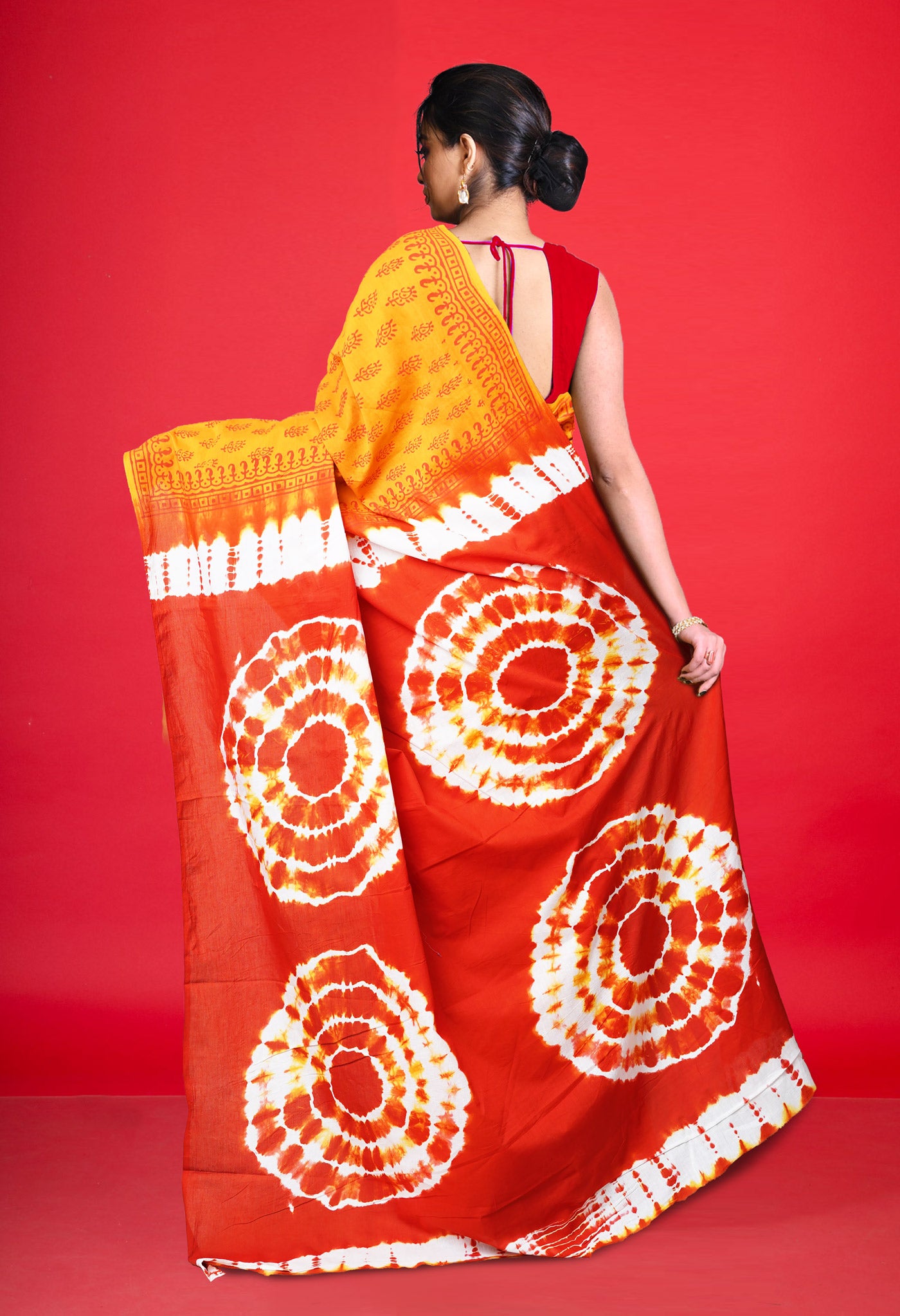 Mustard Yellow-Orange Pure  Tie And Dye Shibori Block Printed Soft Cotton Saree-UNM78466