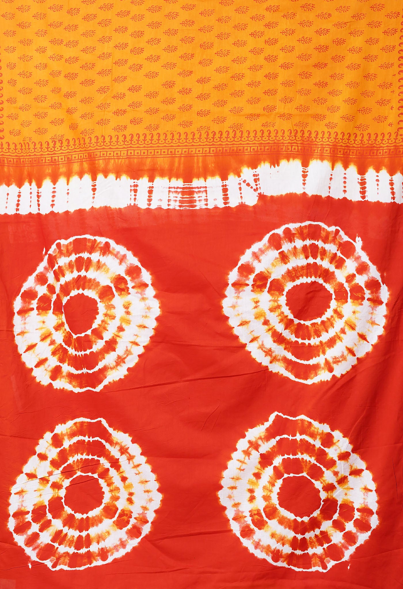 Mustard Yellow-Orange Pure  Tie And Dye Shibori Block Printed Soft Cotton Saree-UNM78466