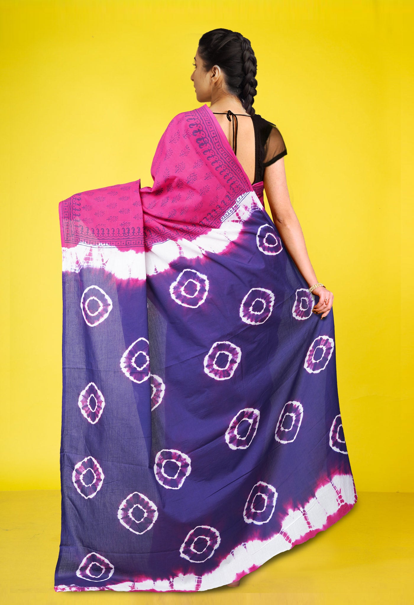 Pink-Navy Blue Pure  Tie And Dye Shibori Block Printed Soft Cotton Saree-UNM78467