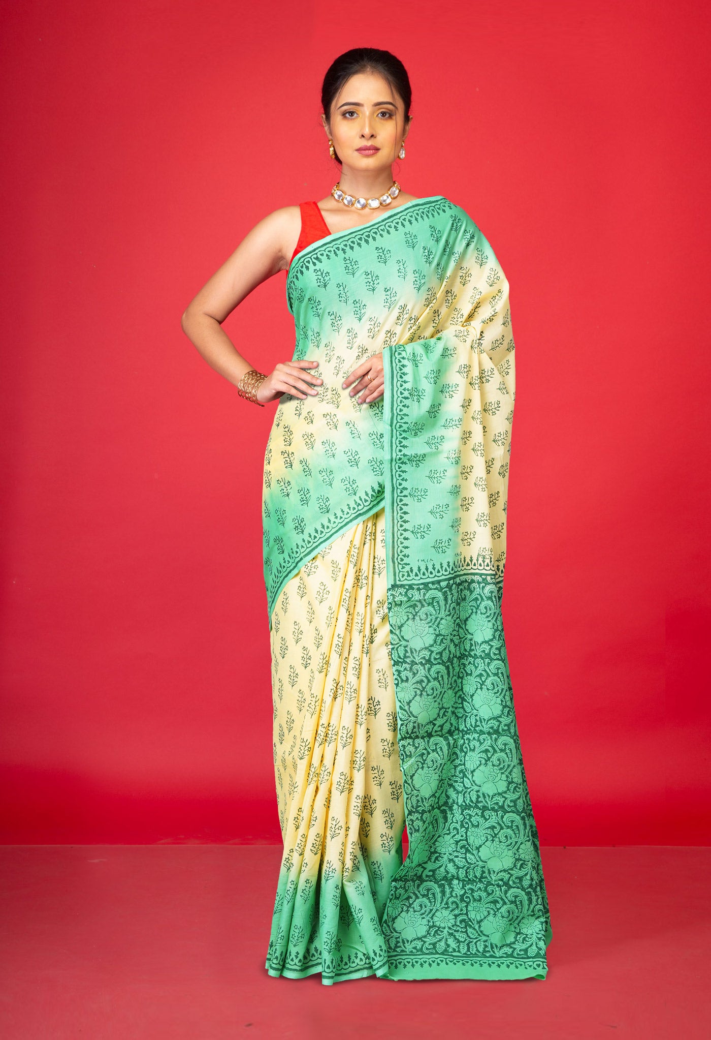 Cream-Green Pure  Block Printed Soft Cotton Saree-UNM78468