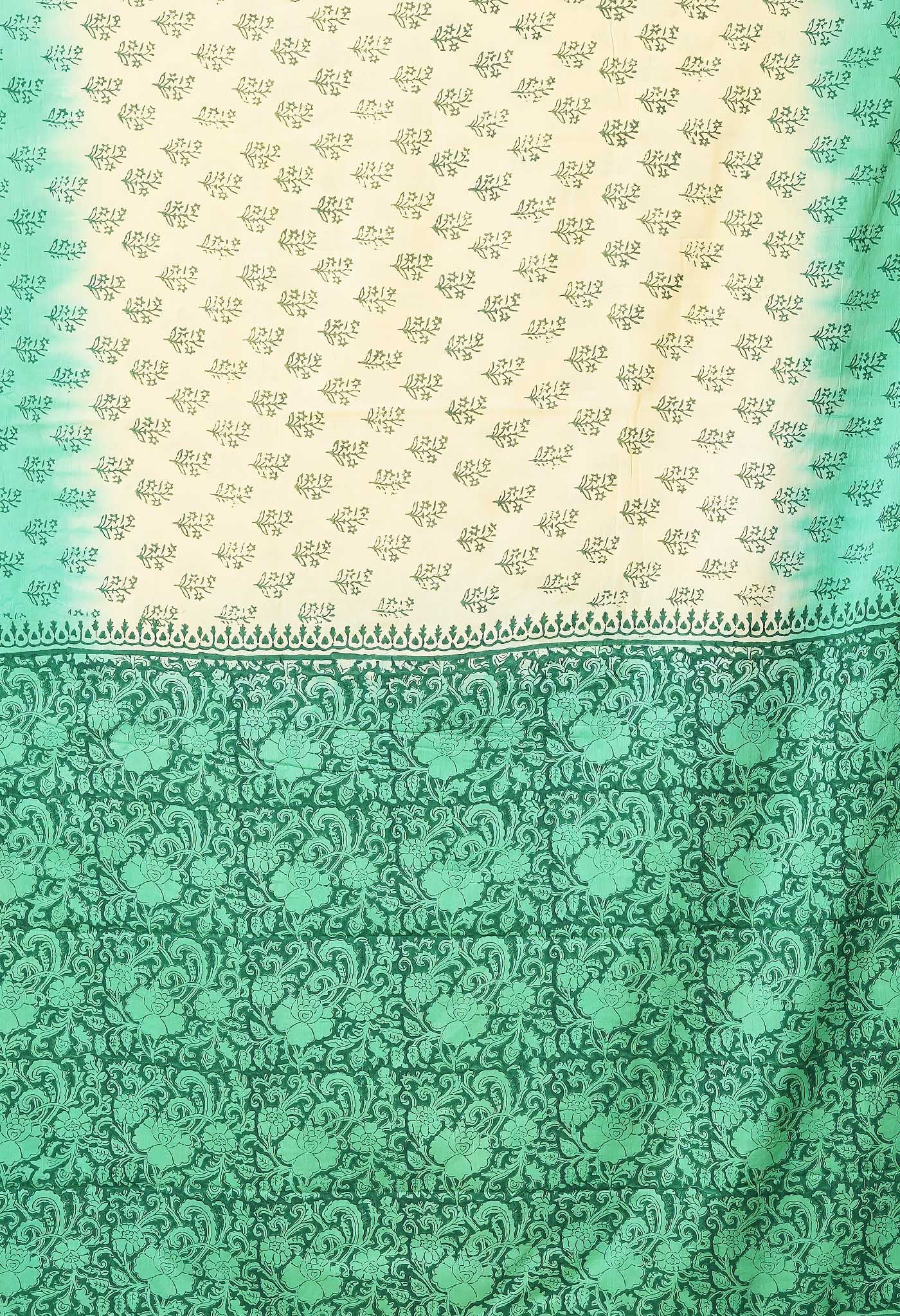 Cream-Green Pure  Block Printed Soft Cotton Saree-UNM78468