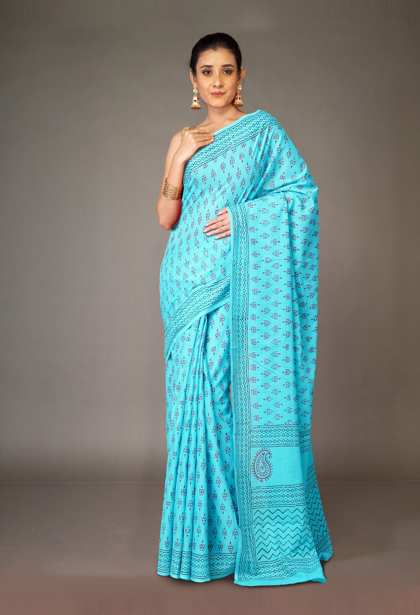 Blue Pure  Block Printed Soft Cotton Saree-UNM78469