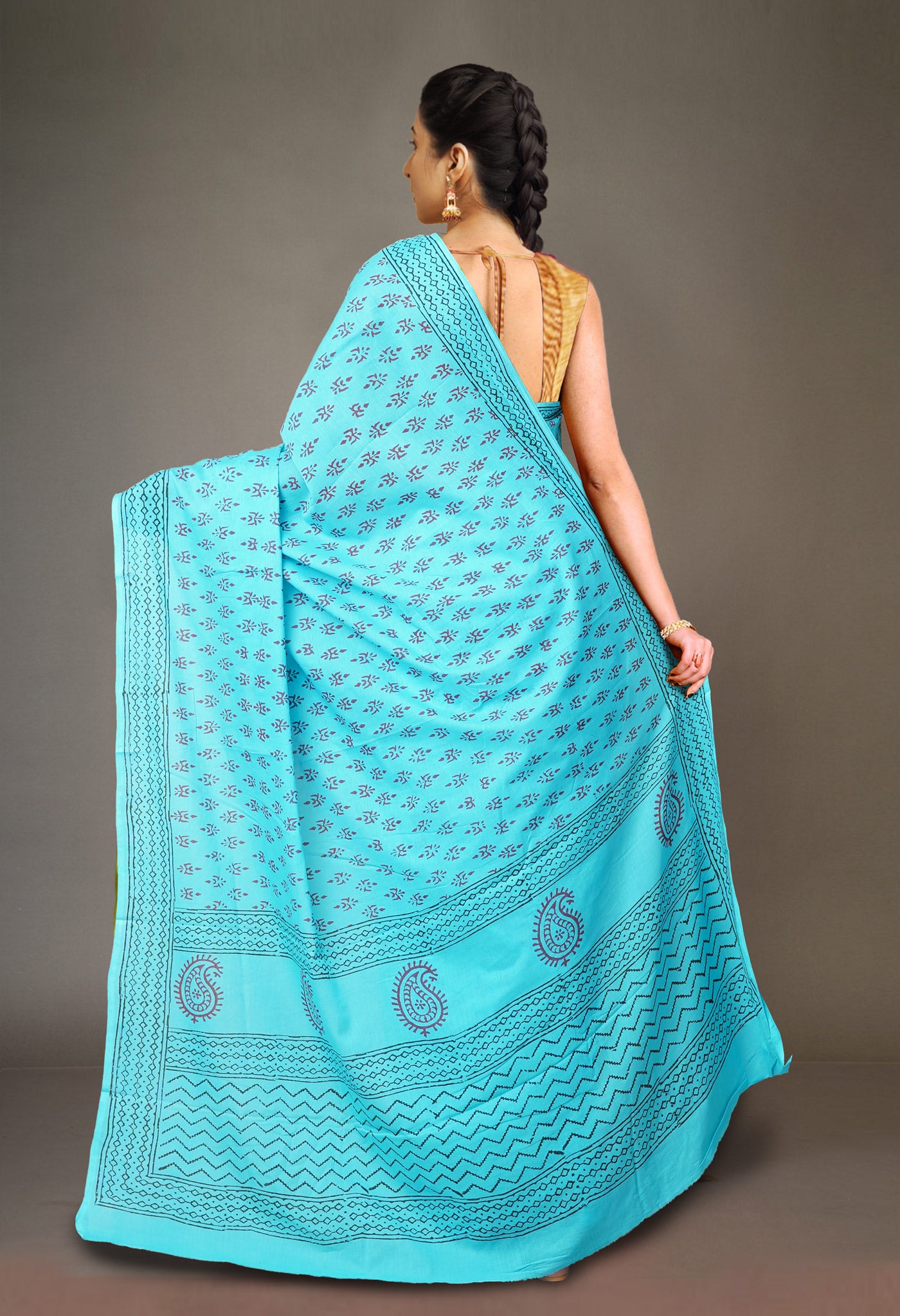 Blue Pure  Block Printed Soft Cotton Saree-UNM78469