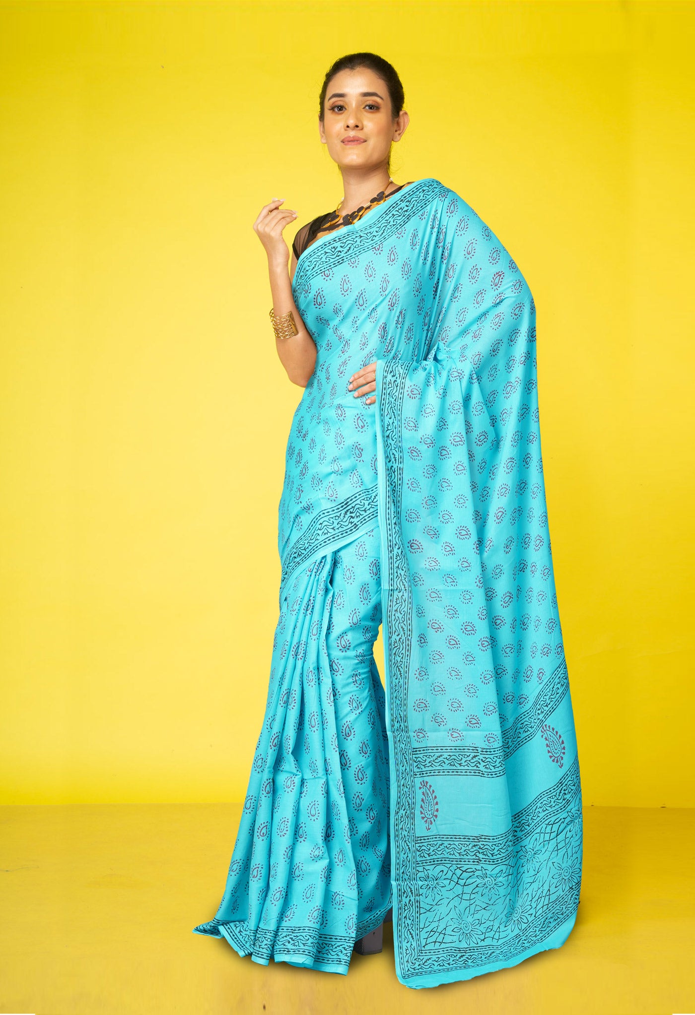 Blue Pure  Block Printed Soft Cotton Saree-UNM78487