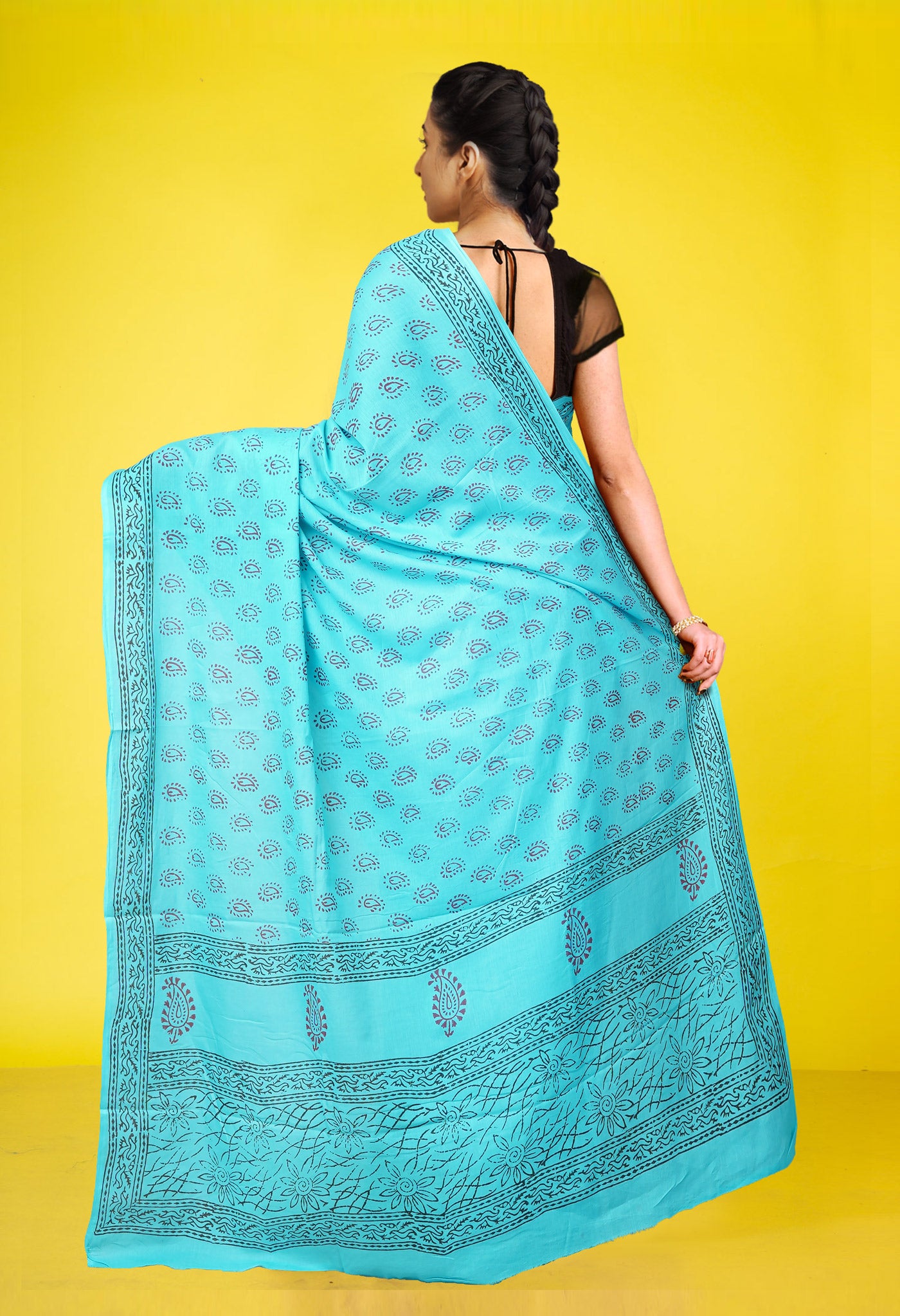 Blue Pure  Block Printed Soft Cotton Saree-UNM78487