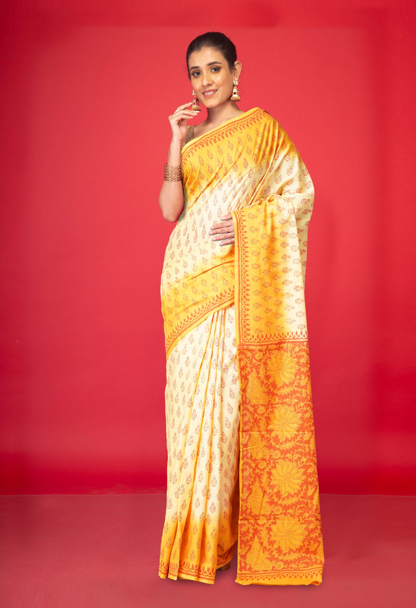 Cream-Orange Pure  Block Printed Soft Cotton Saree-UNM78491