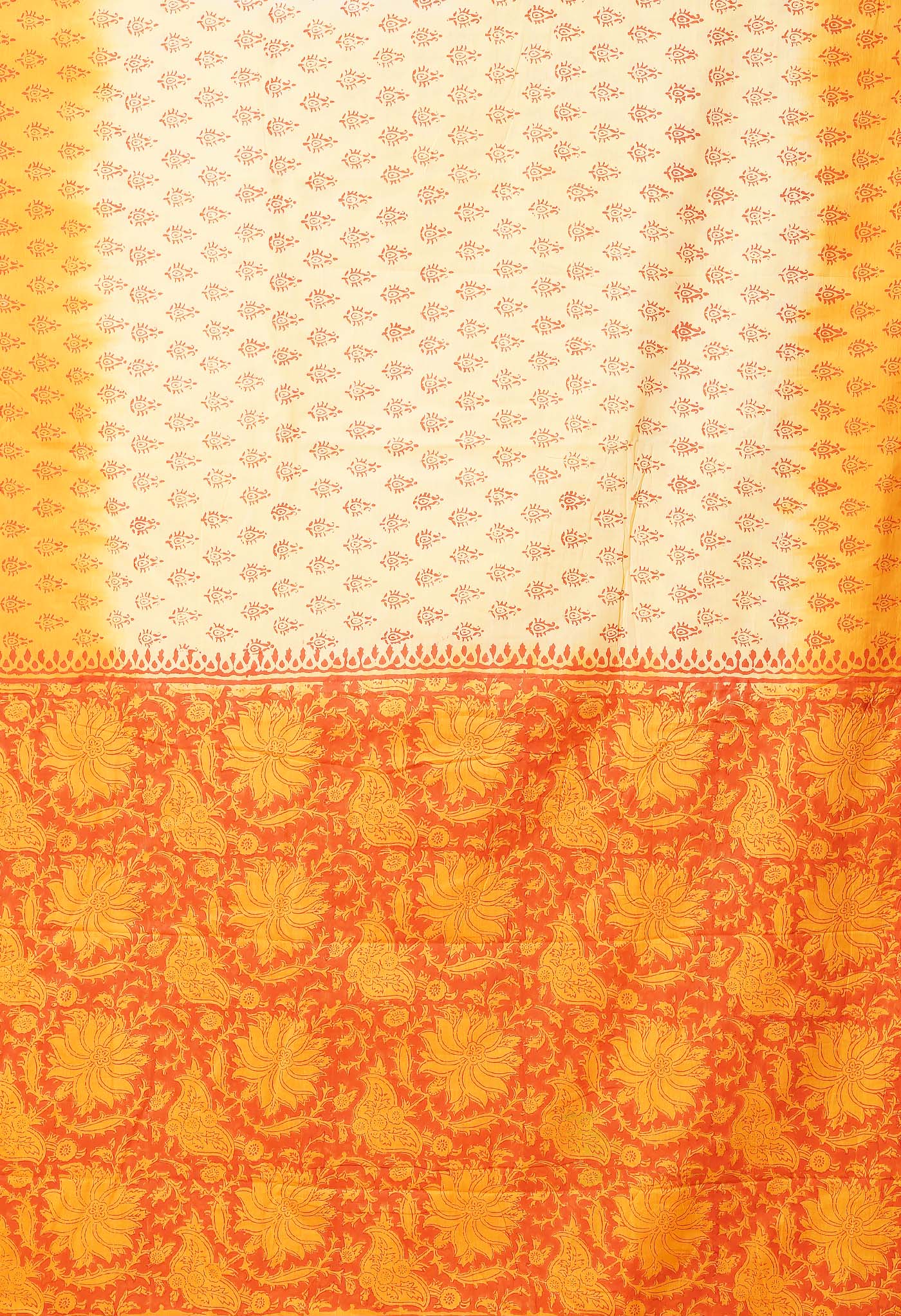 Cream-Orange Pure  Block Printed Soft Cotton Saree-UNM78491