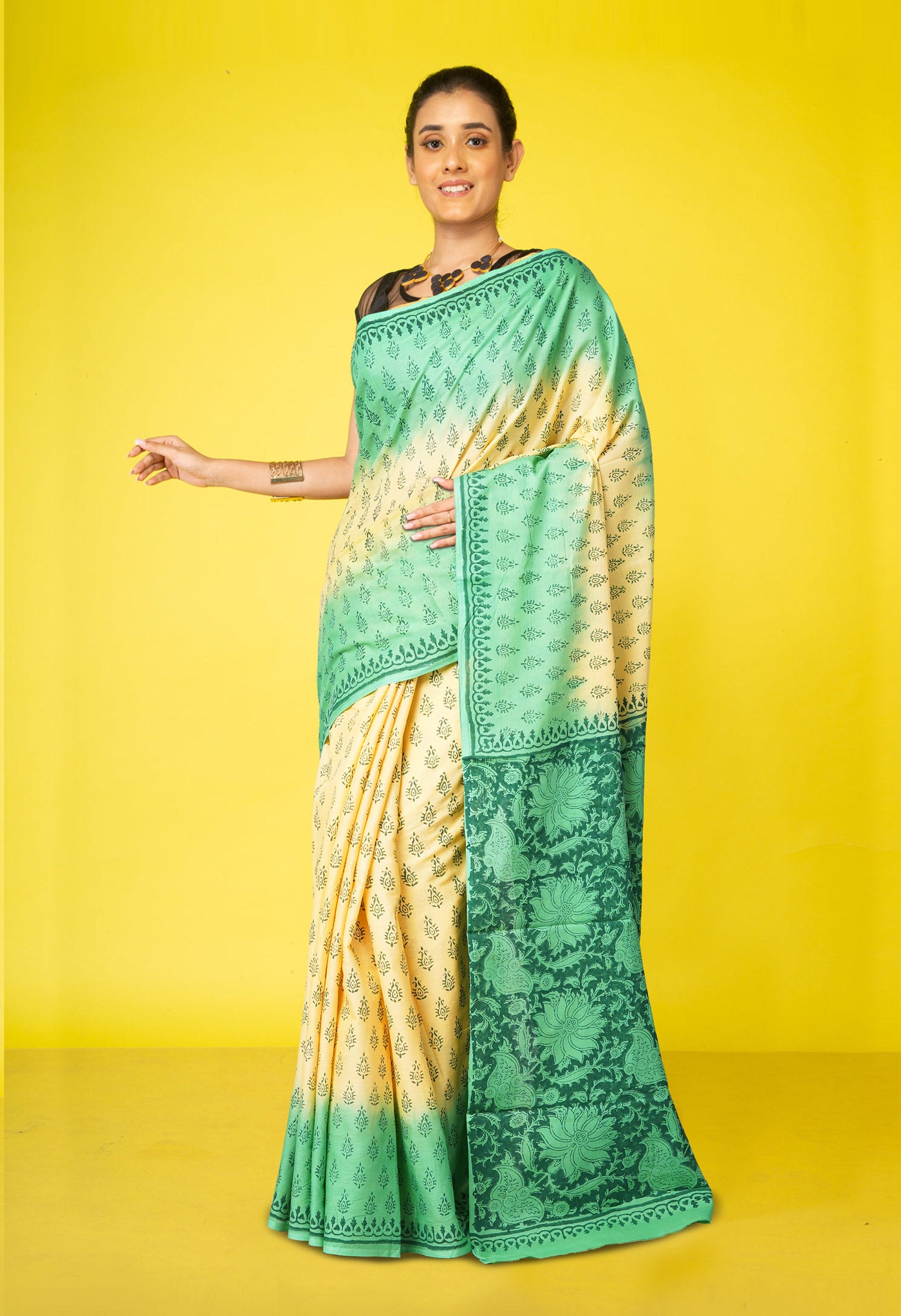 Cream-Green Pure  Block Printed Soft Cotton Saree-UNM78495