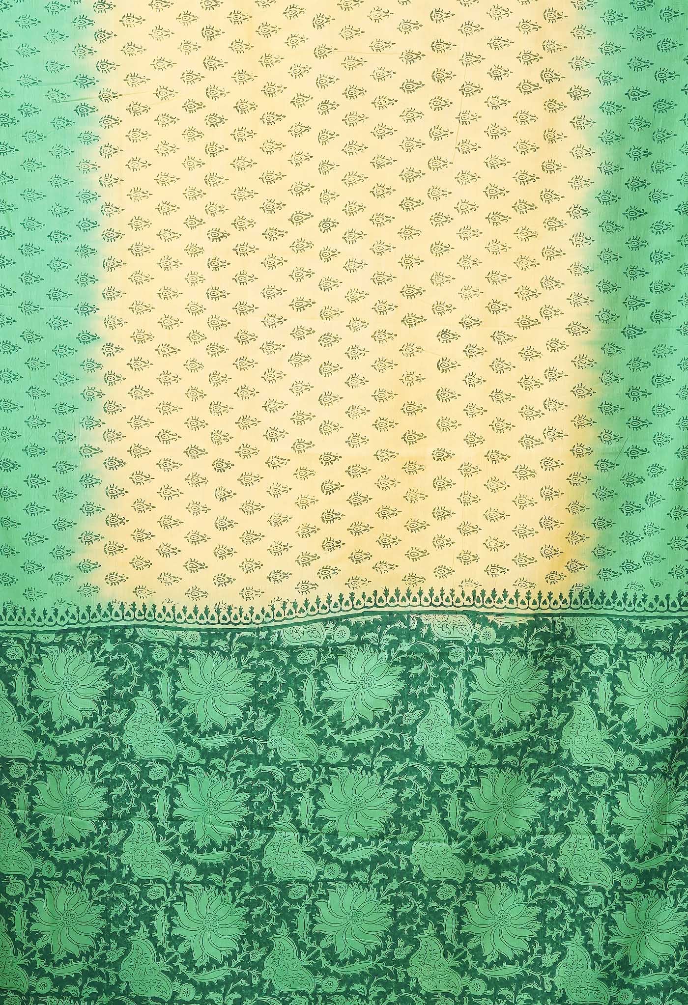 Cream-Green Pure  Block Printed Soft Cotton Saree-UNM78495