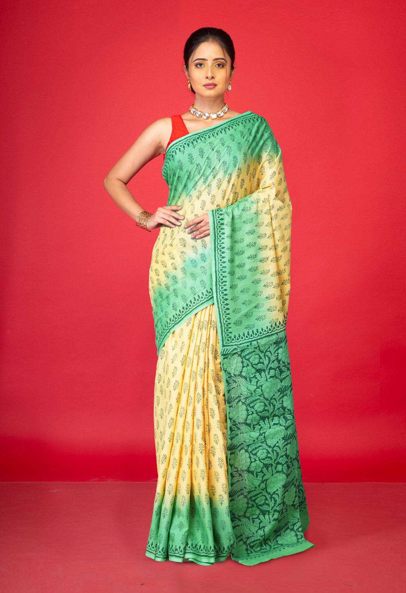 Cream-Green Pure  Block Printed Soft Cotton Saree-UNM78501