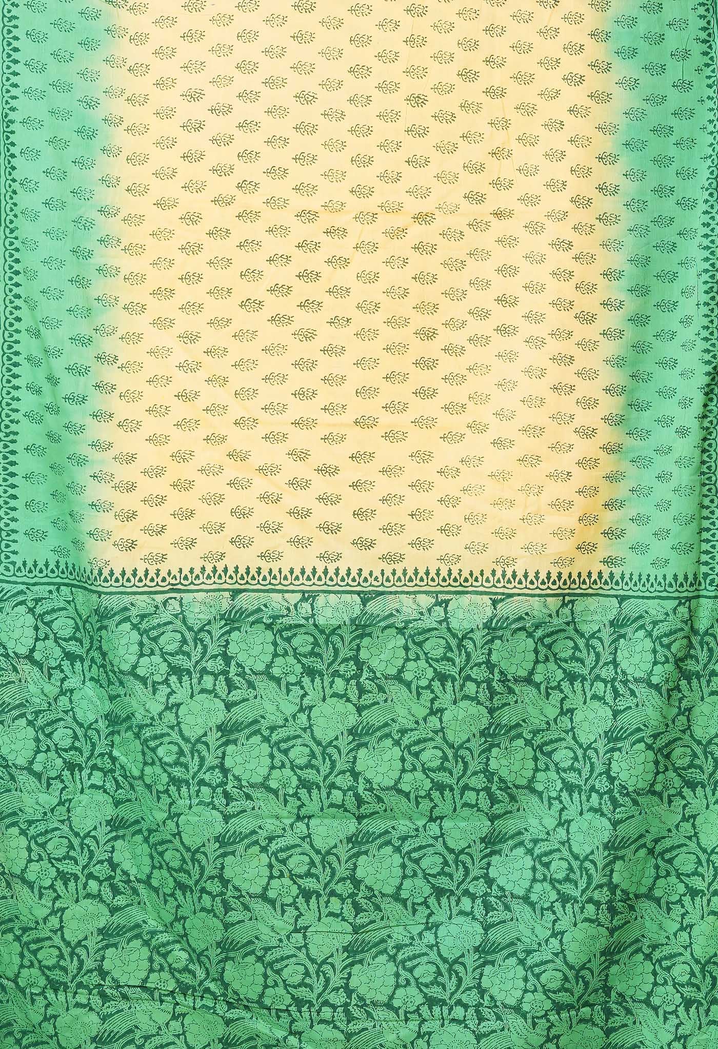 Cream-Green Pure  Block Printed Soft Cotton Saree-UNM78501