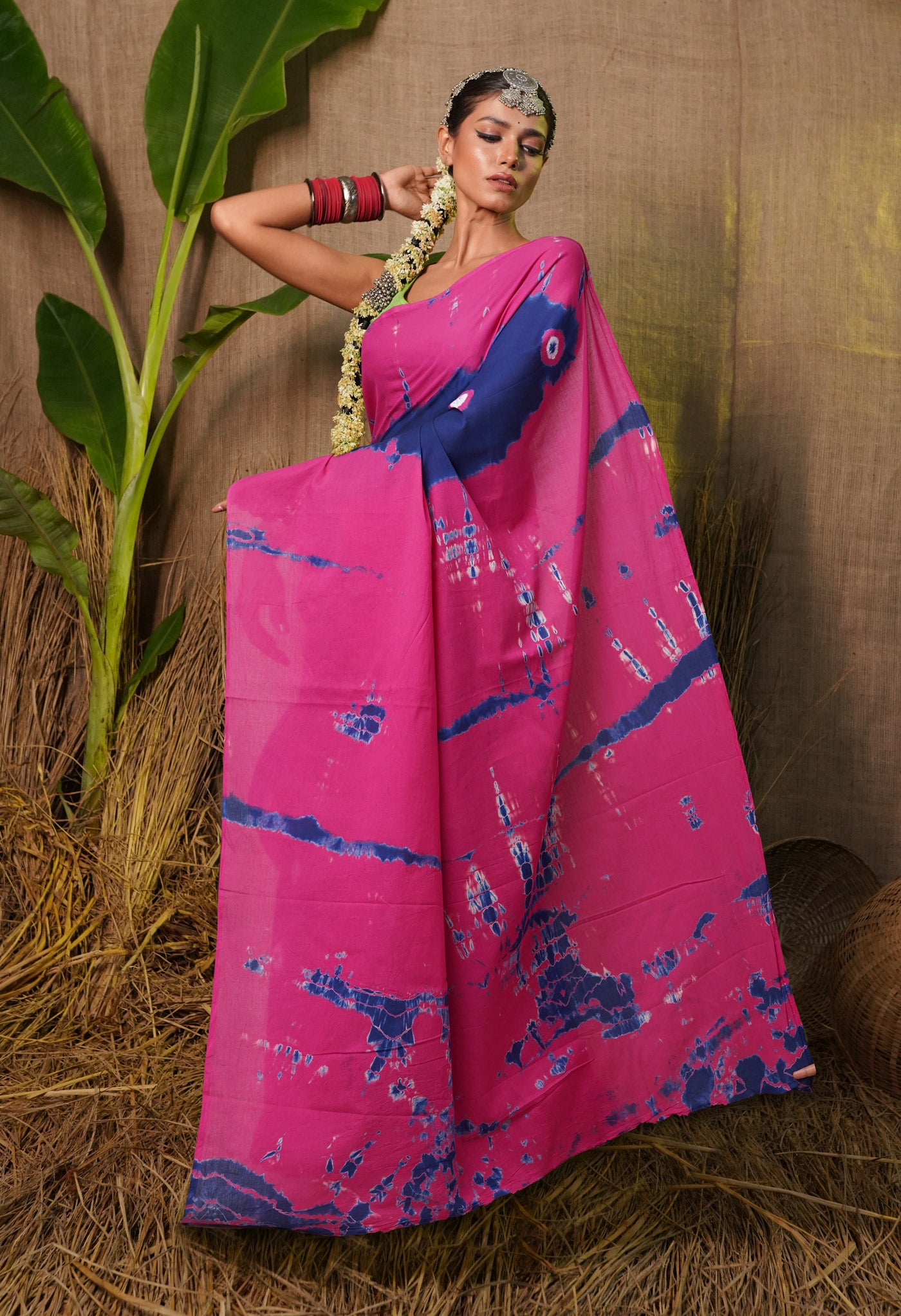 Navy Blue-Pink Pure  Tie And Dye Shibori Bandhani Printed Soft Cotton Saree-UNM78502