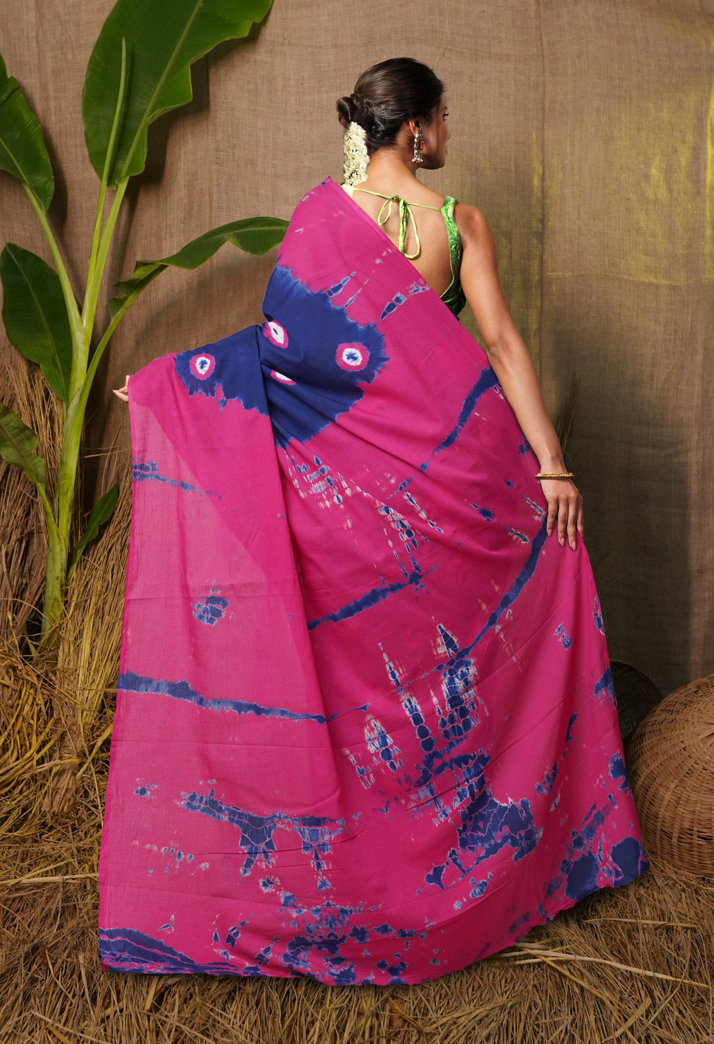 Navy Blue-Pink Pure  Tie And Dye Shibori Bandhani Printed Soft Cotton Saree-UNM78502