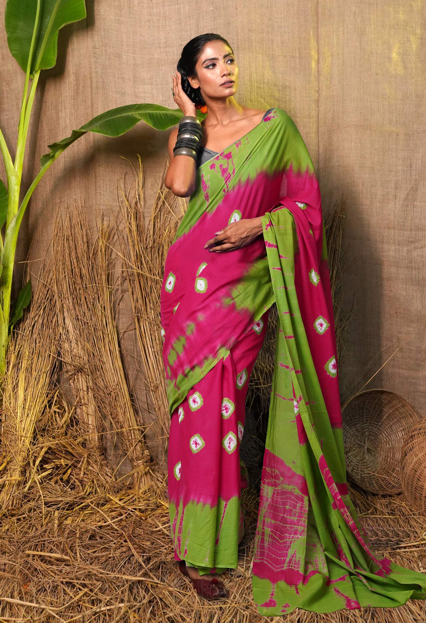 Pink-Green Pure  Tie And Dye Shibori Bandhani Printed Soft Cotton Saree-UNM78503