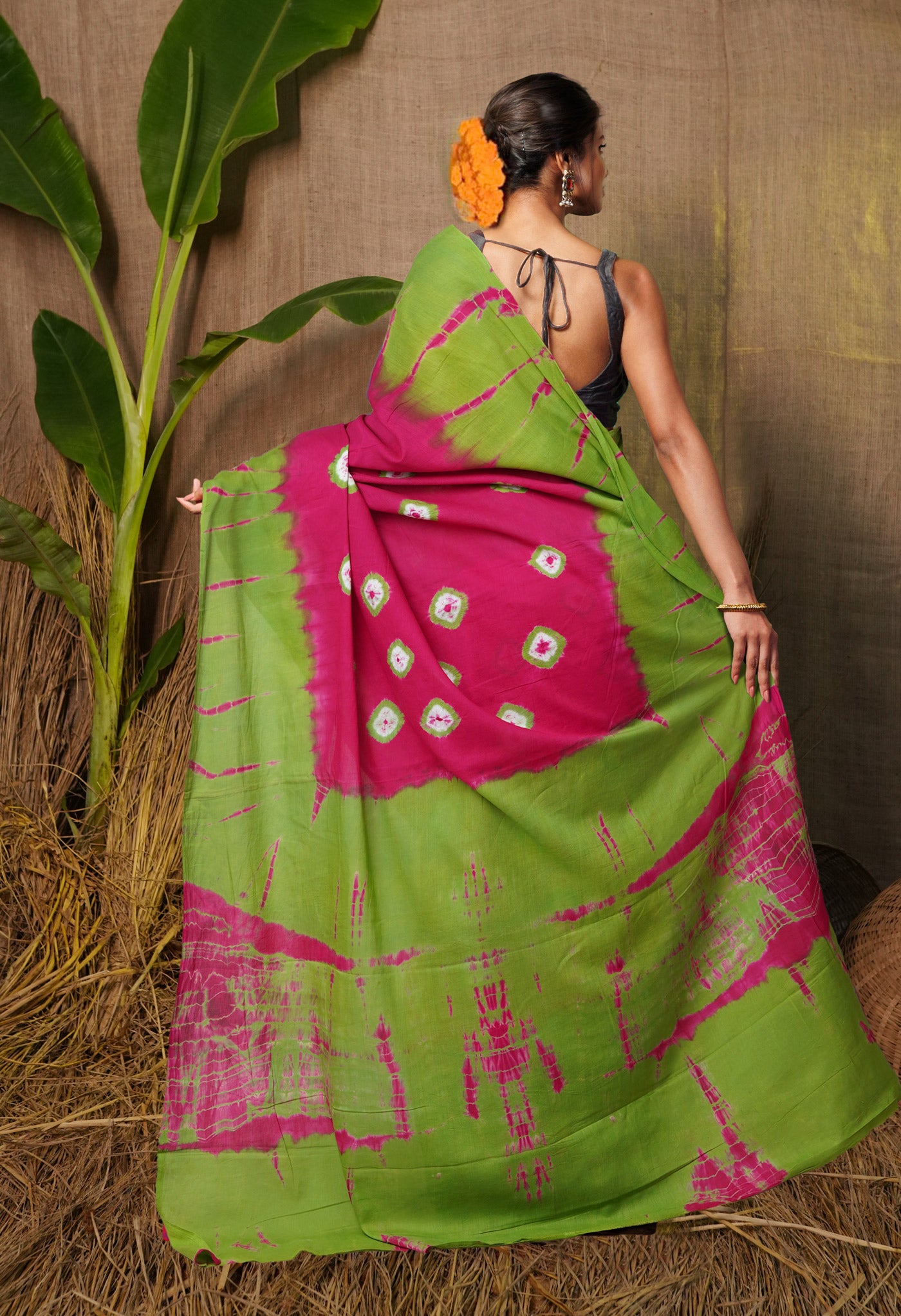 Pink-Green Pure  Tie And Dye Shibori Bandhani Printed Soft Cotton Saree-UNM78503