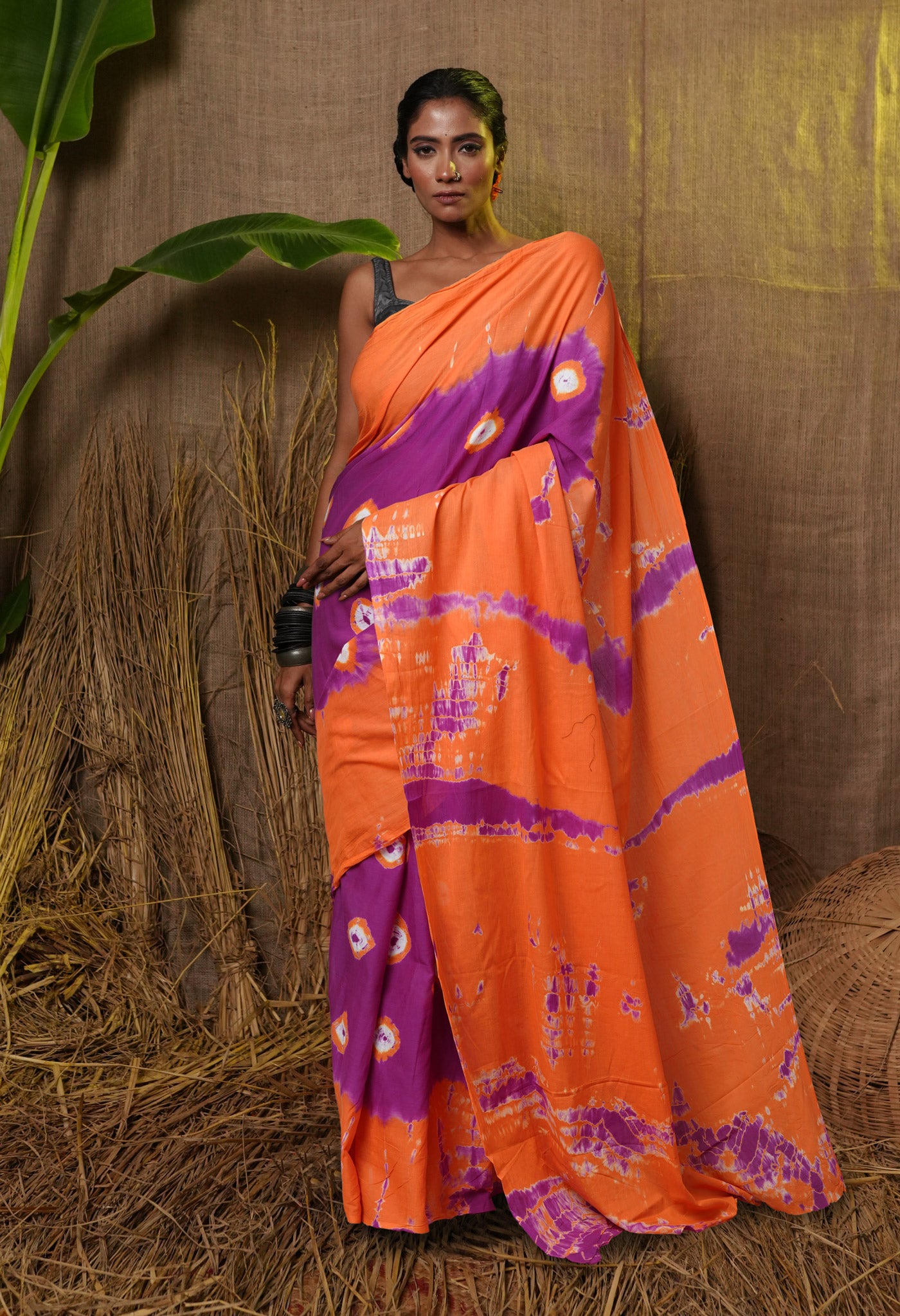 Purple-Orange Pure  Tie And Dye Shibori Bandhani Printed Soft Cotton Saree-UNM78504