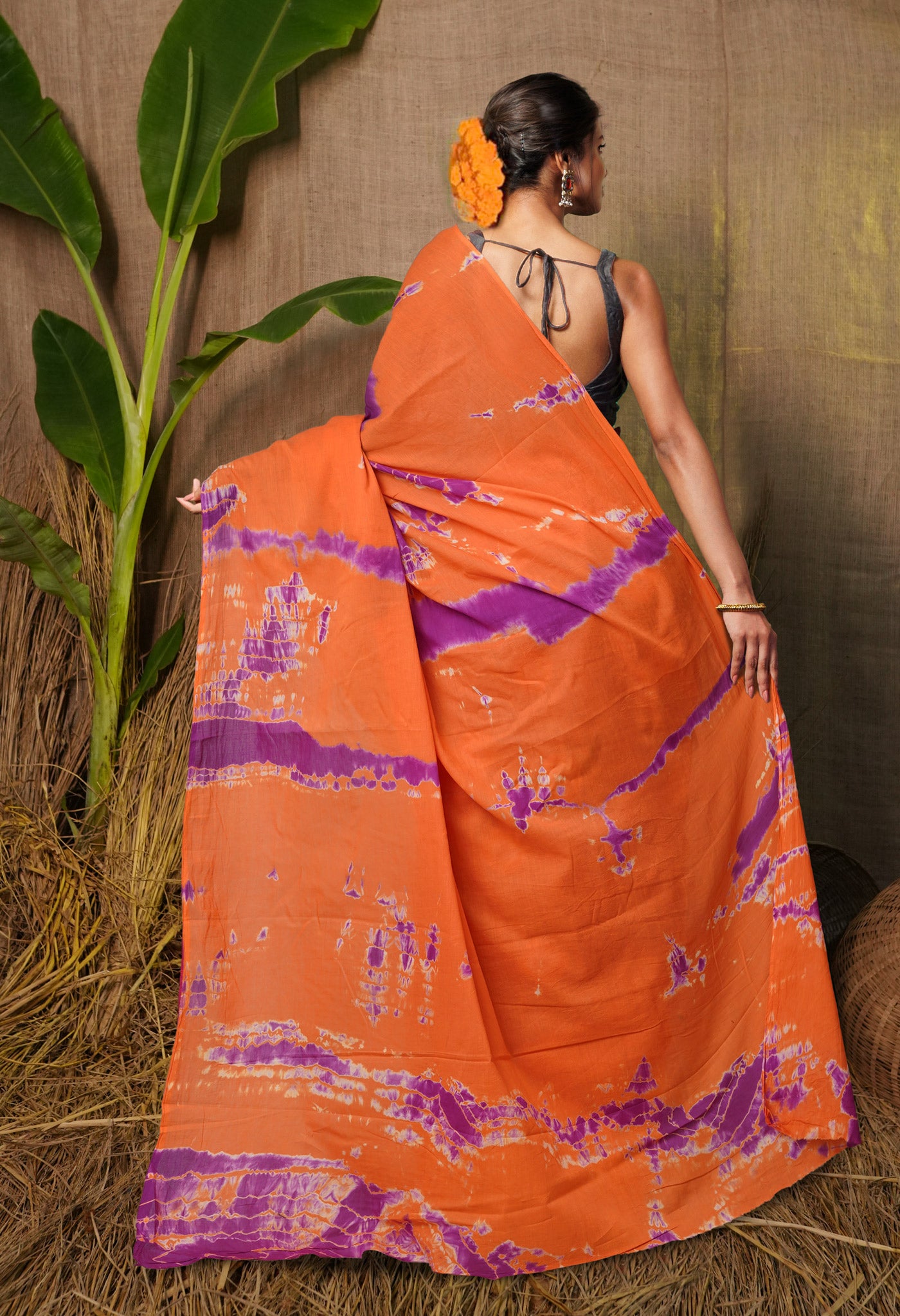 Purple-Orange Pure  Tie And Dye Shibori Bandhani Printed Soft Cotton Saree-UNM78504