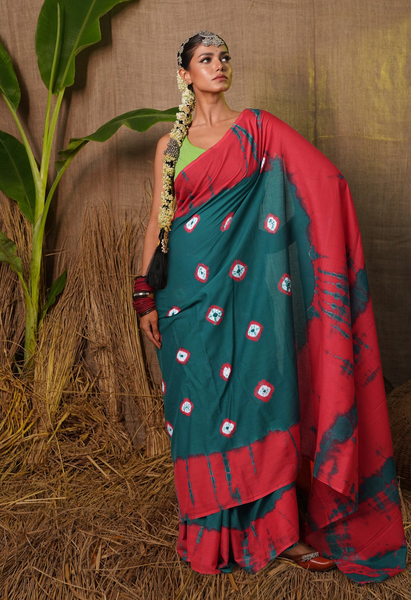 Green-Red Pure  Tie And Dye Shibori Bandhani Printed Soft Cotton Saree-UNM78505