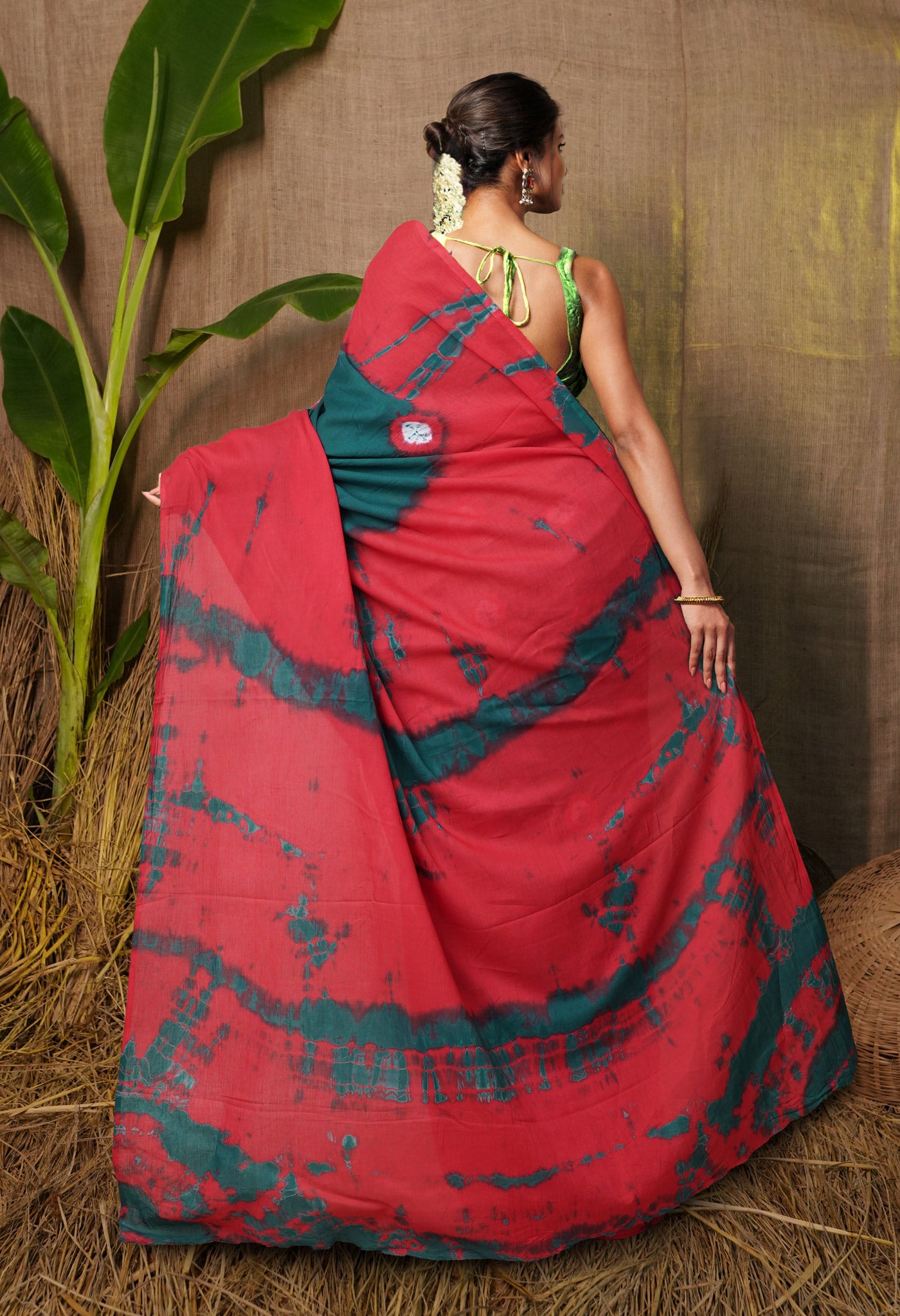 Green-Red Pure  Tie And Dye Shibori Bandhani Printed Soft Cotton Saree-UNM78505