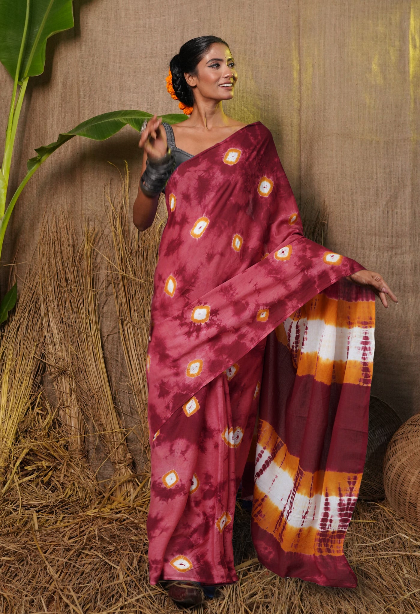 Burgundy Pure  Tie And Dye Shibori Bandhani Printed Soft Cotton Saree-UNM78508