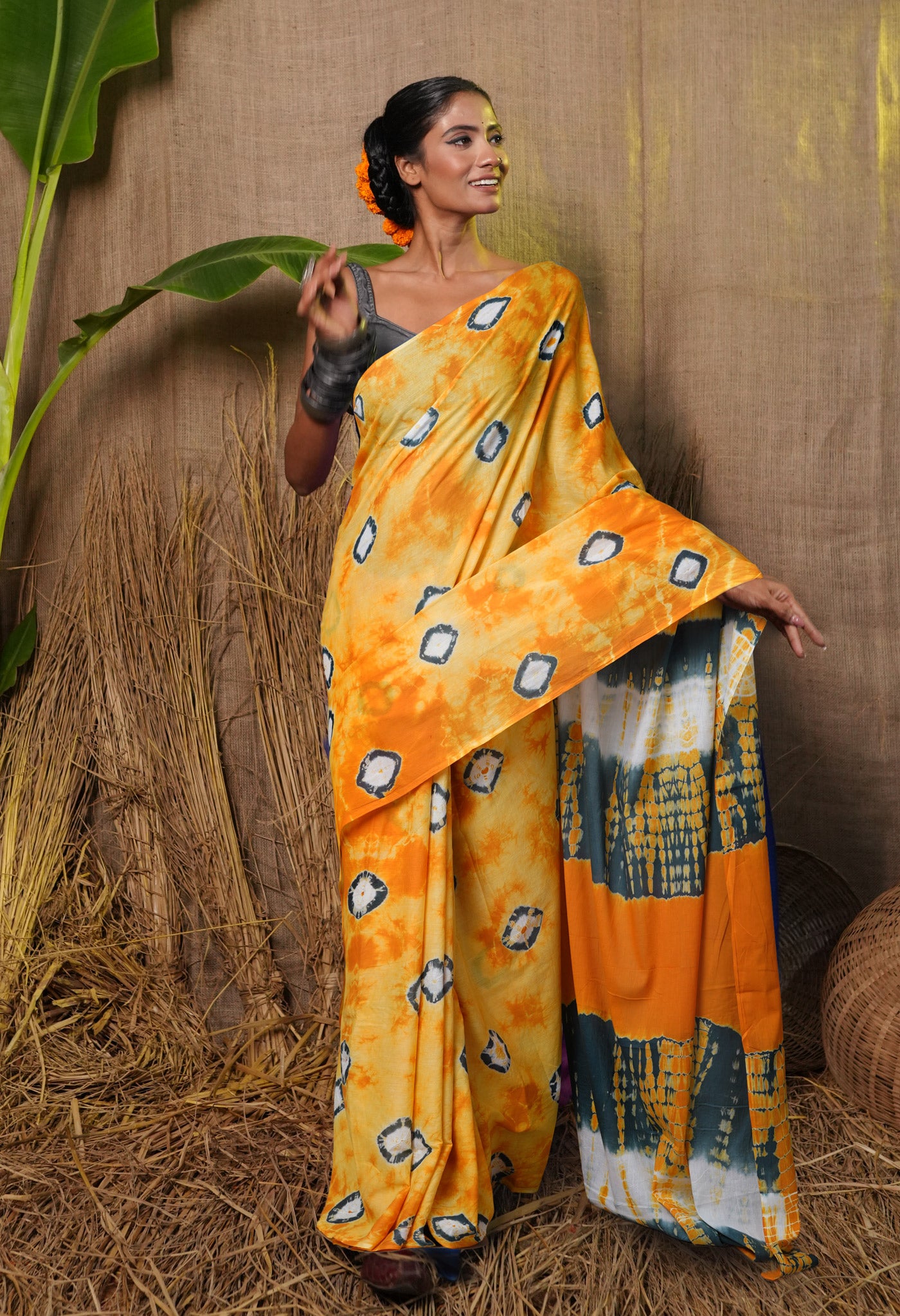 Yellow Pure  Tie And Dye Shibori Bandhani Printed Soft Cotton Saree-UNM78510