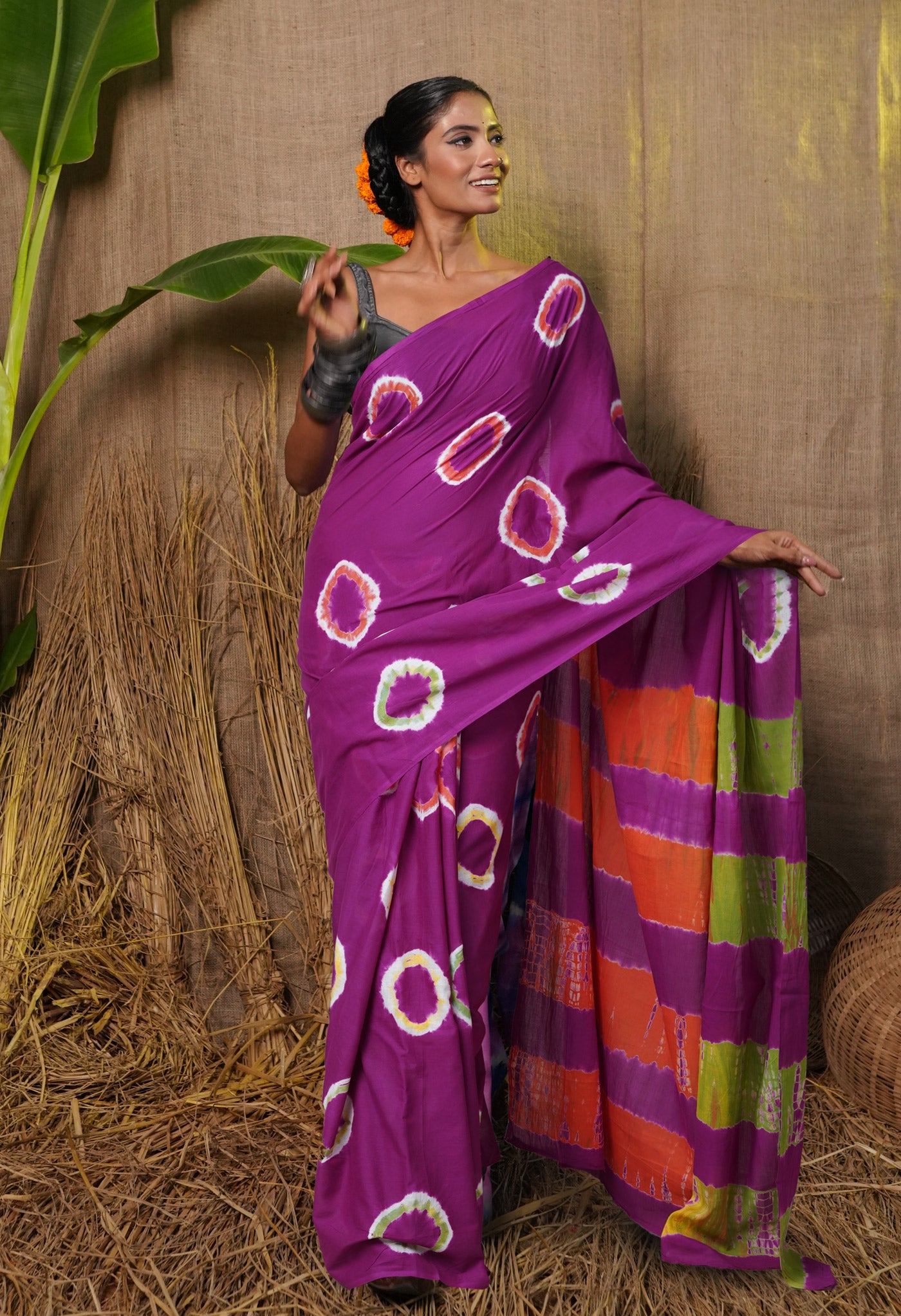 Purple Pure  Tie And Dye Shibori Bandhani Printed Soft Cotton Saree-UNM78514