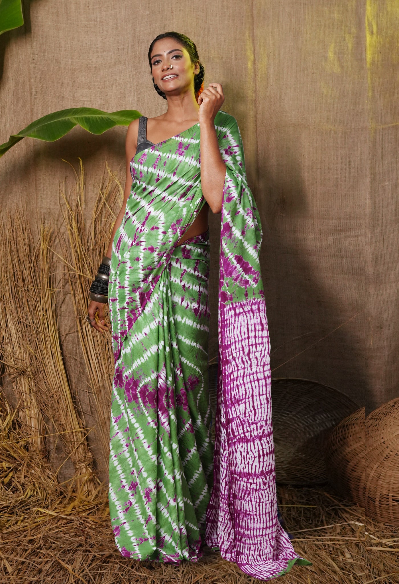 Green-Purple Pure  Tie And Dye Shibori Printed Soft Cotton Saree-UNM78516