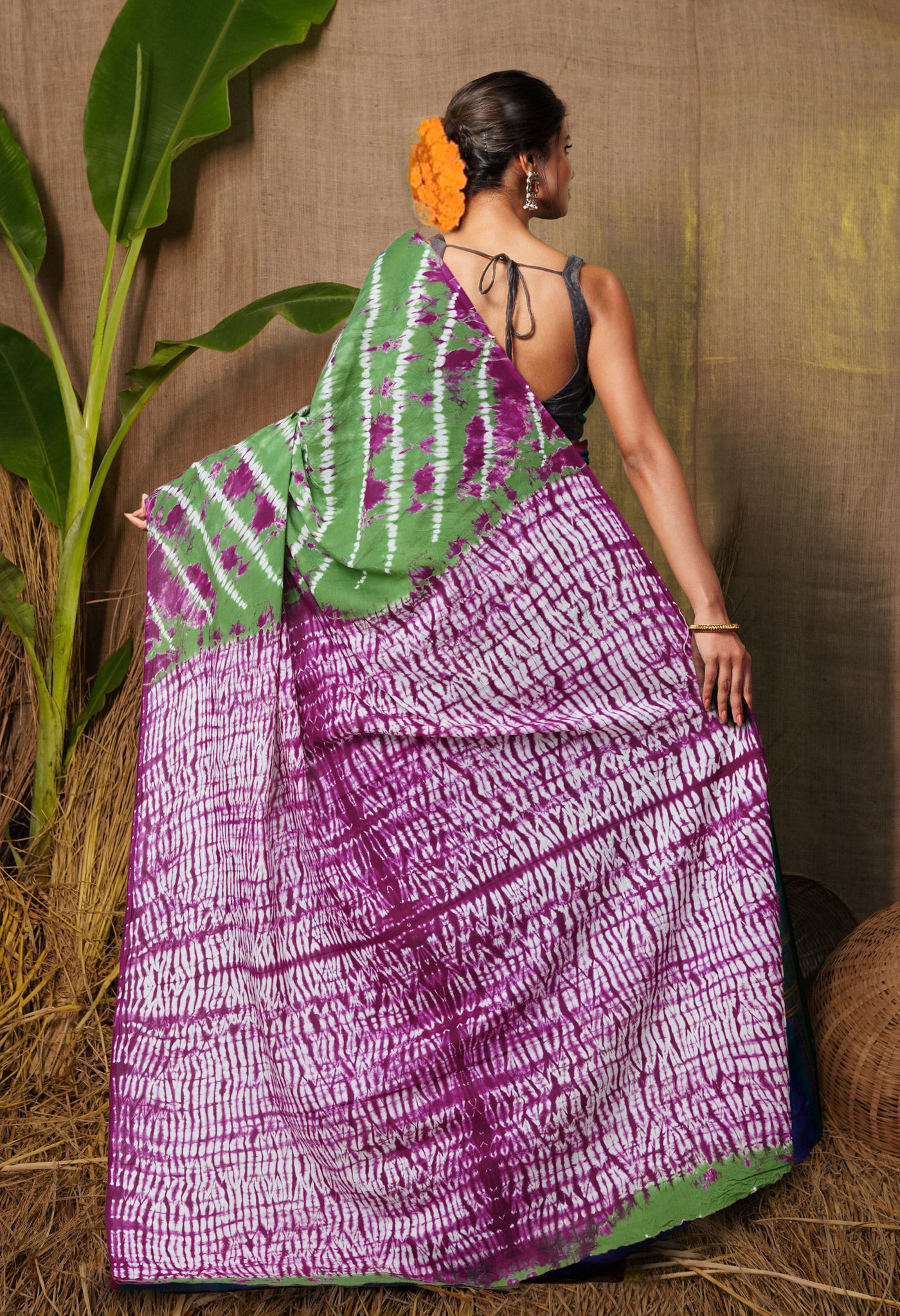 Green-Purple Pure  Tie And Dye Shibori Printed Soft Cotton Saree-UNM78516