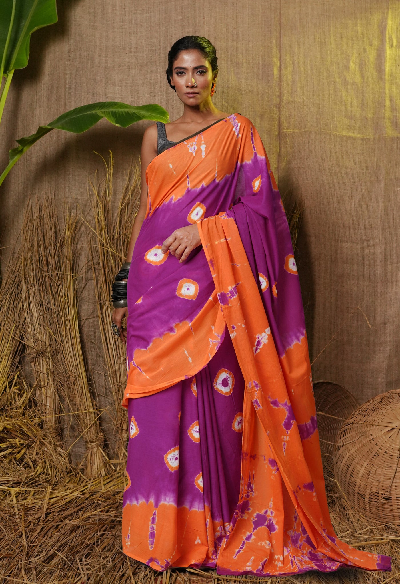 Orange-Purple Pure  Tie And Dye Shibori Printed Soft Cotton Saree-UNM78517