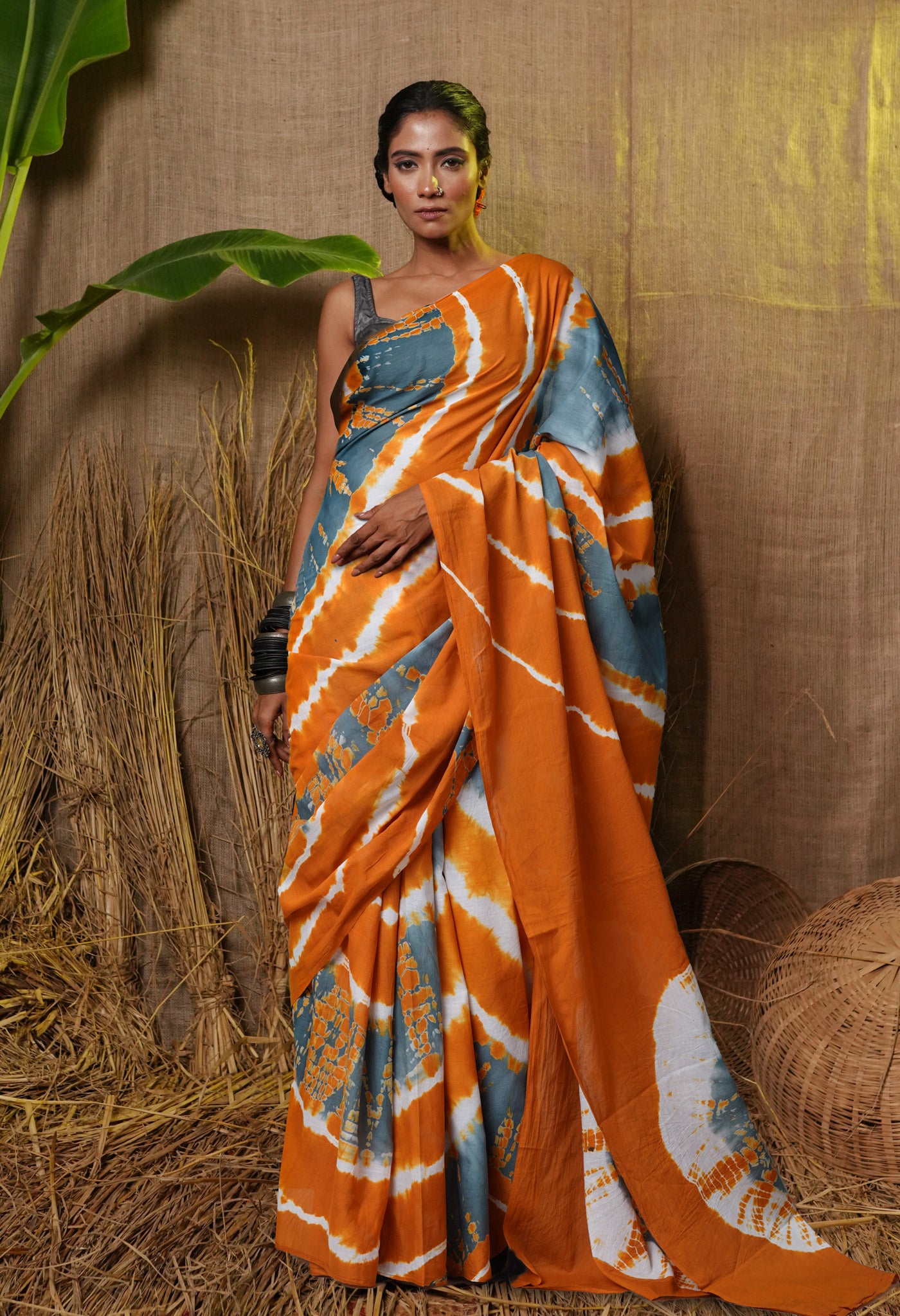 Grey-Orange Pure  Tie And Dye Shibori Printed Soft Cotton Saree-UNM78518