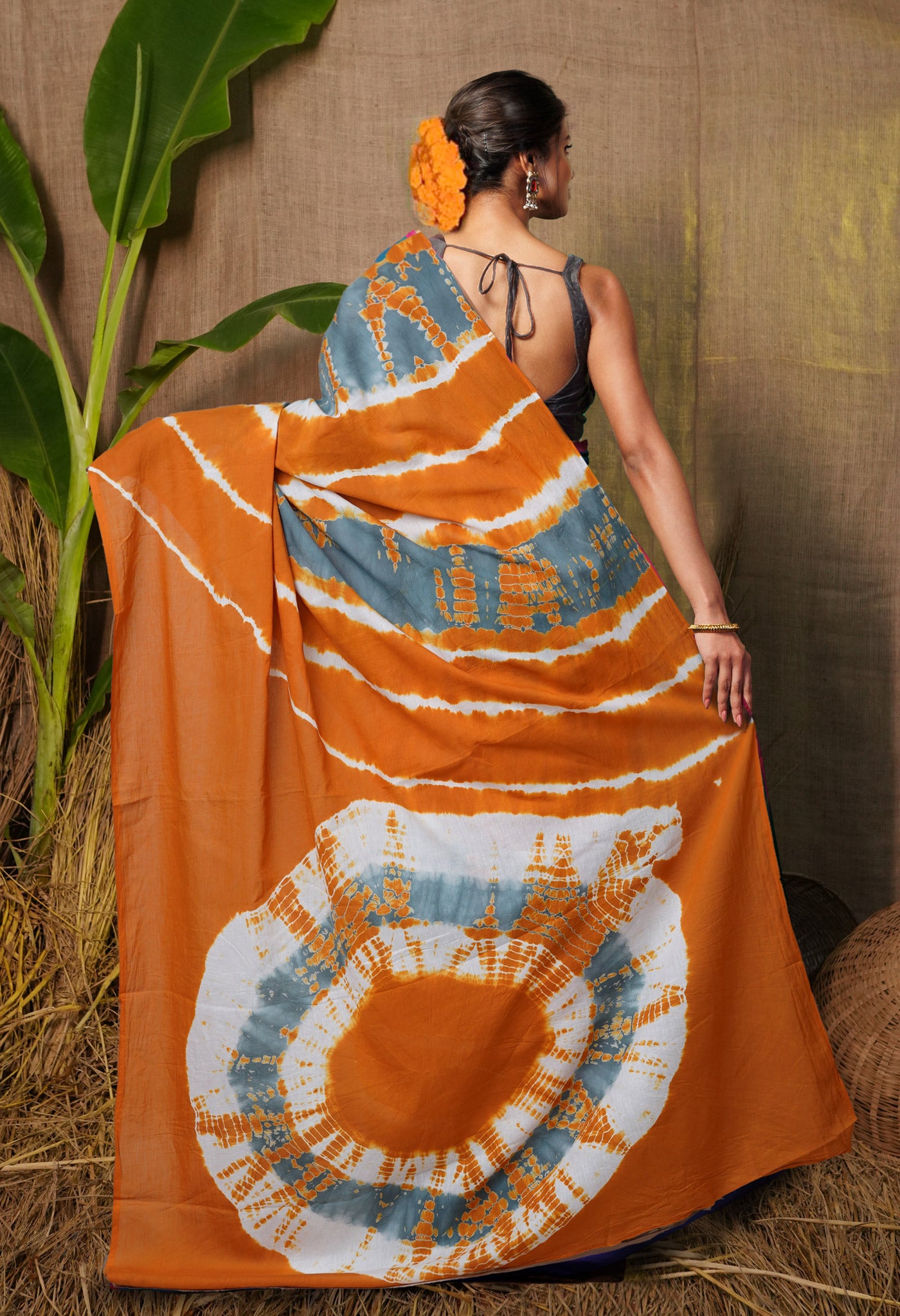 Grey-Orange Pure  Tie And Dye Shibori Printed Soft Cotton Saree-UNM78518