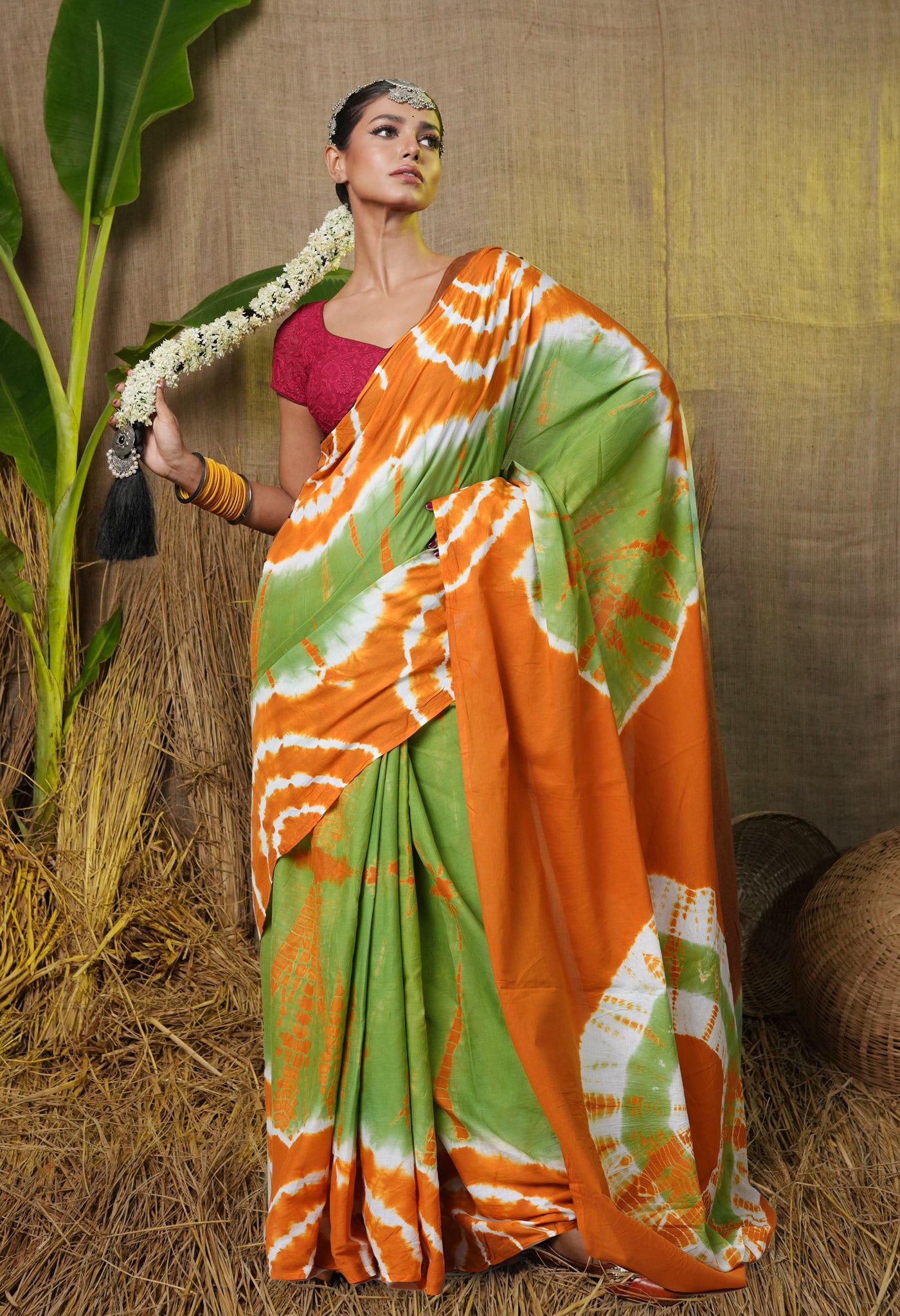 Green-Orange Pure  Tie And Dye Shibori Printed Soft Cotton Saree