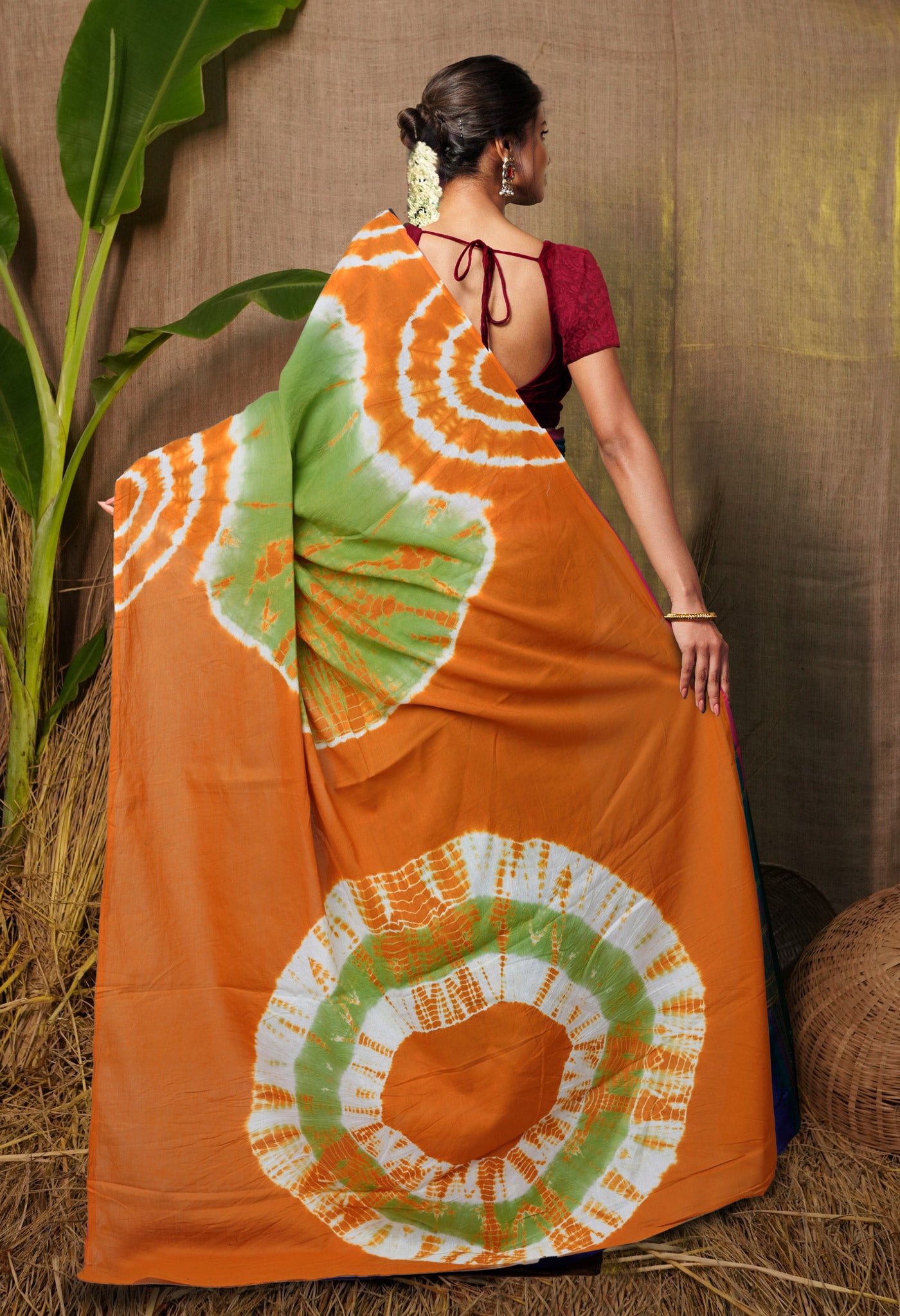 Green-Orange Pure  Tie And Dye Shibori Printed Soft Cotton Saree