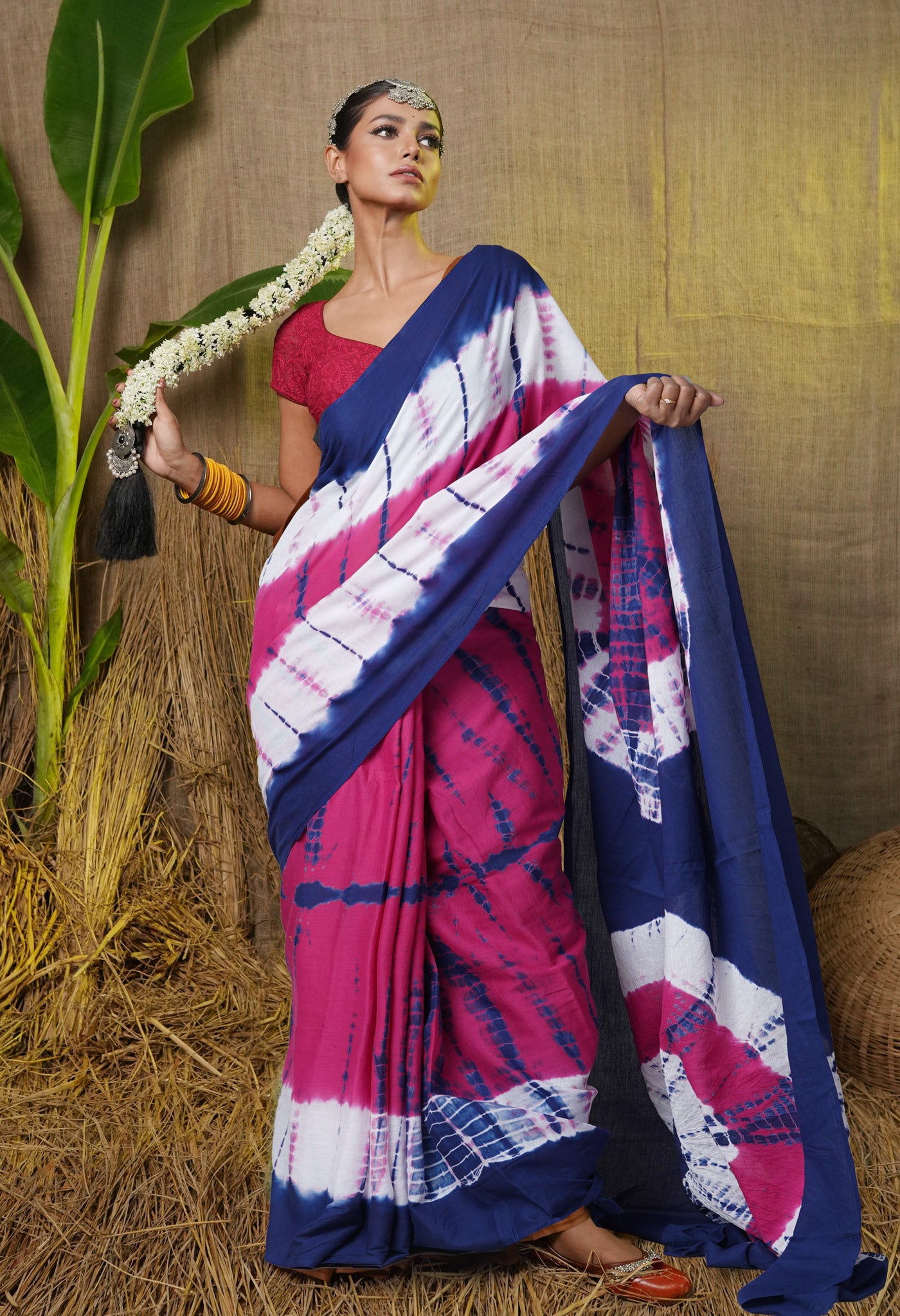 Pink-Navy Blue Pure  Tie And Dye Shibori Printed Soft Cotton Saree-UNM78520