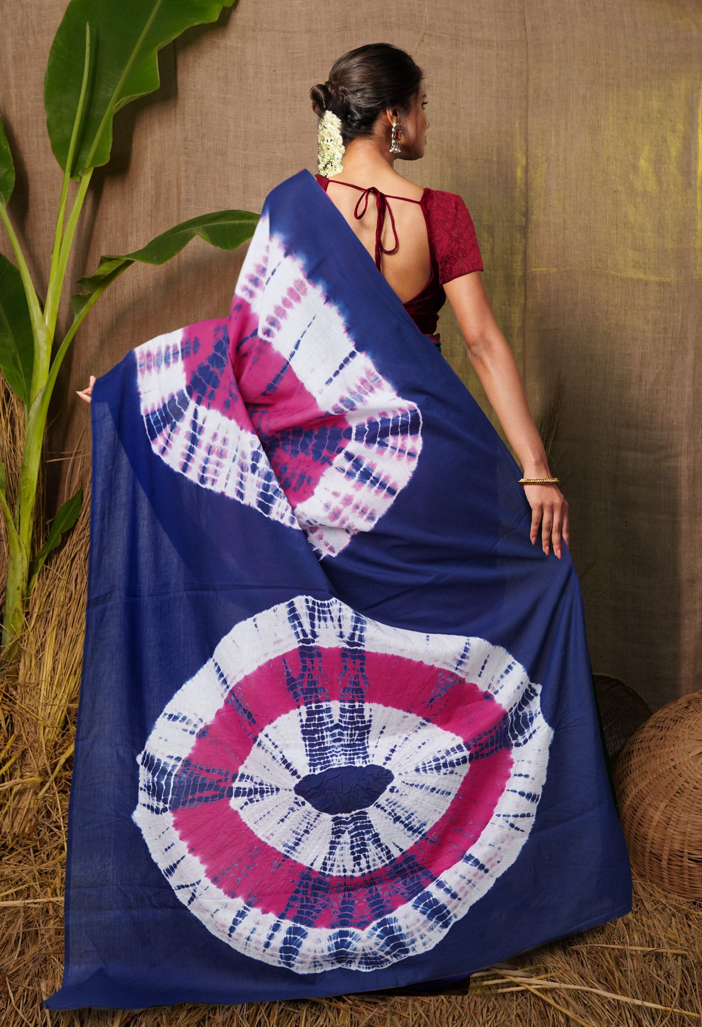 Pink-Navy Blue Pure  Tie And Dye Shibori Printed Soft Cotton Saree-UNM78520