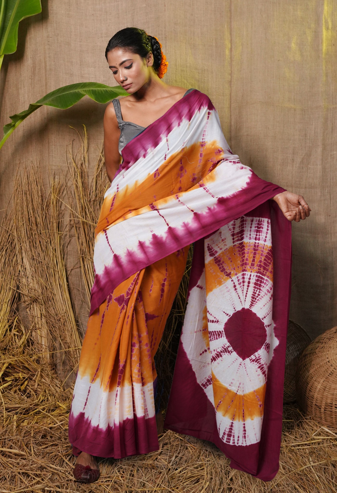 Orange-Maroon Pure  Tie And Dye Shibori Printed Soft Cotton Saree-UNM78521