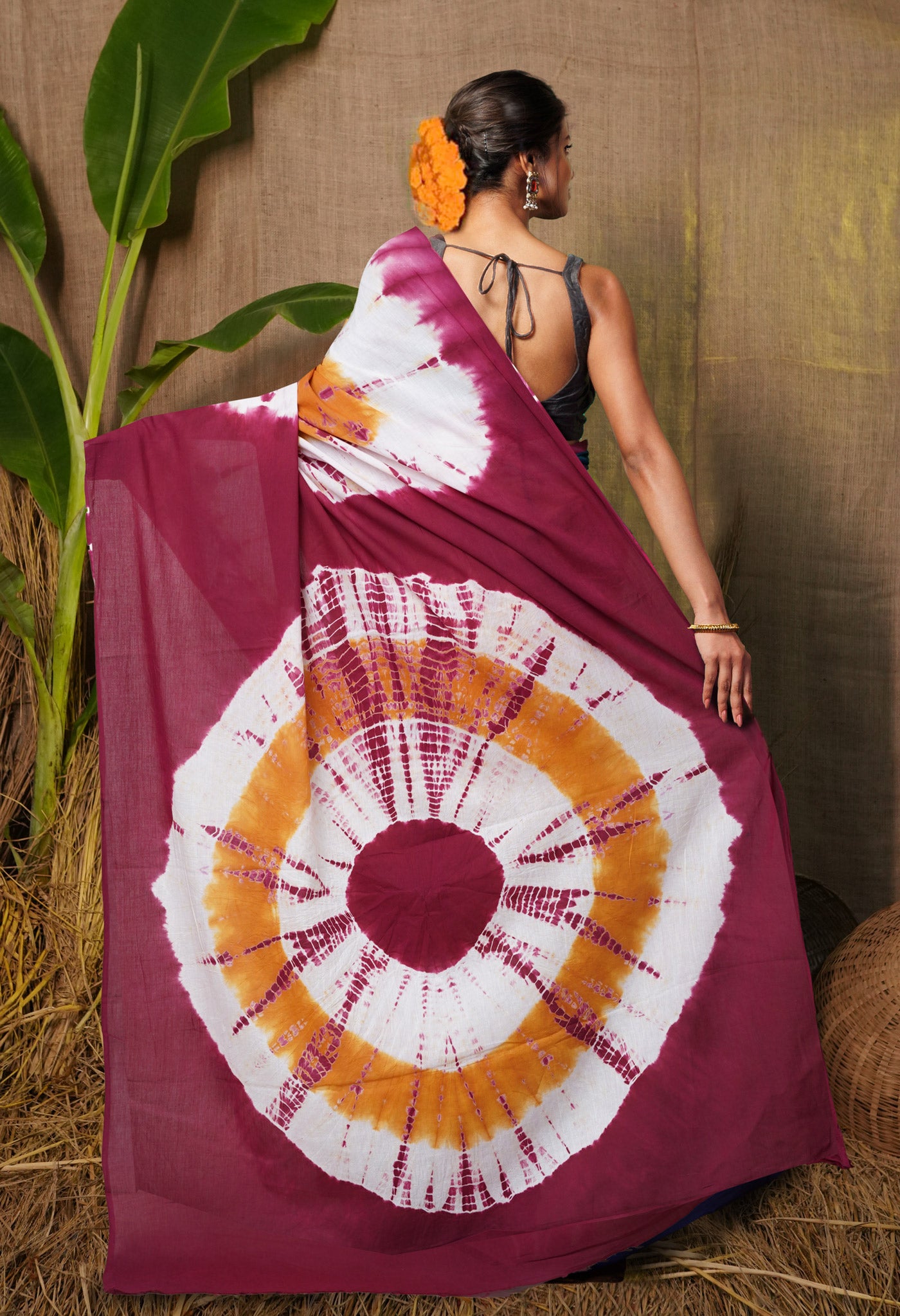 Orange-Maroon Pure  Tie And Dye Shibori Printed Soft Cotton Saree-UNM78521