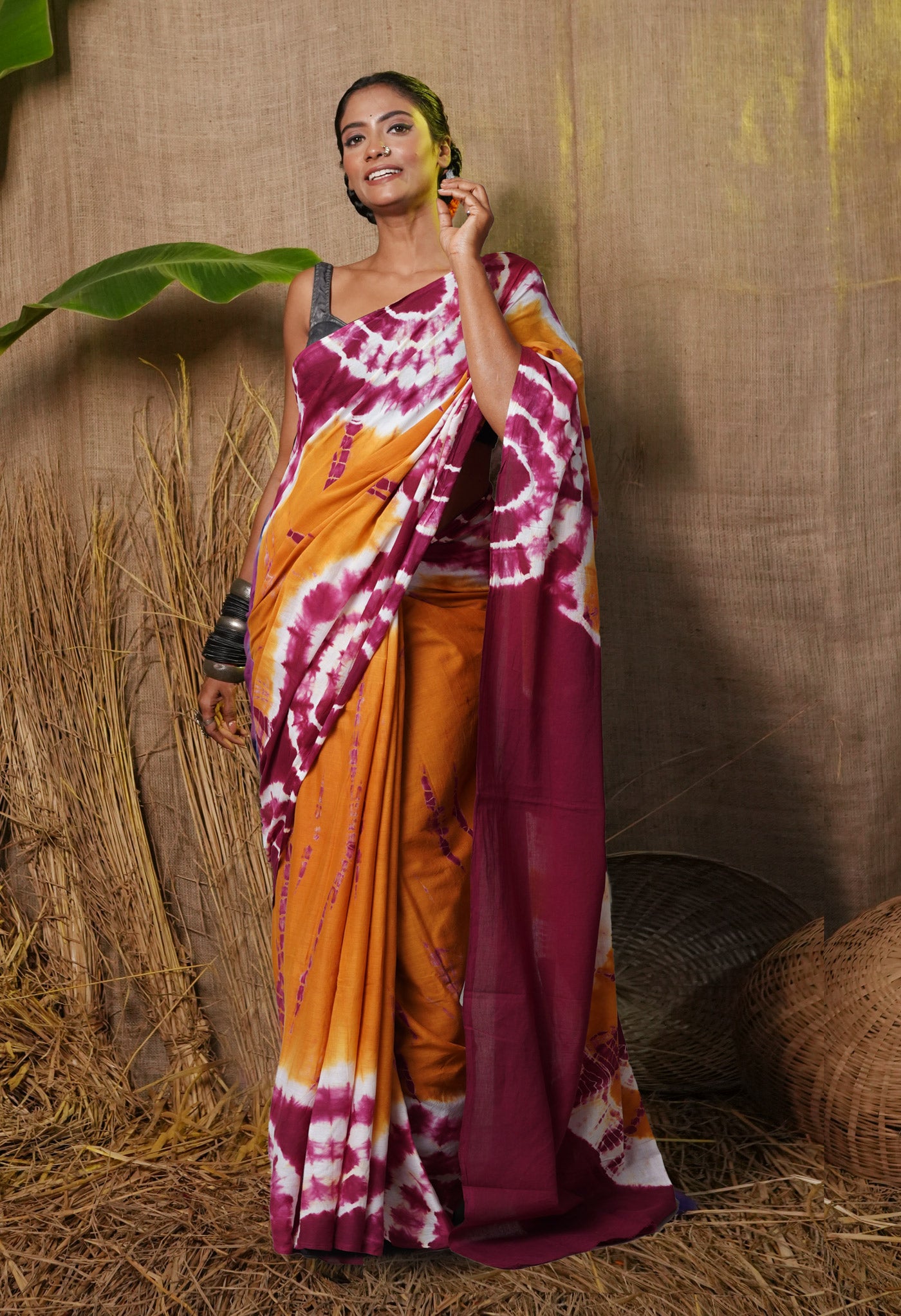 Orange-Maroon Pure  Tie And Dye Shibori Printed Soft Cotton Saree-UNM78523