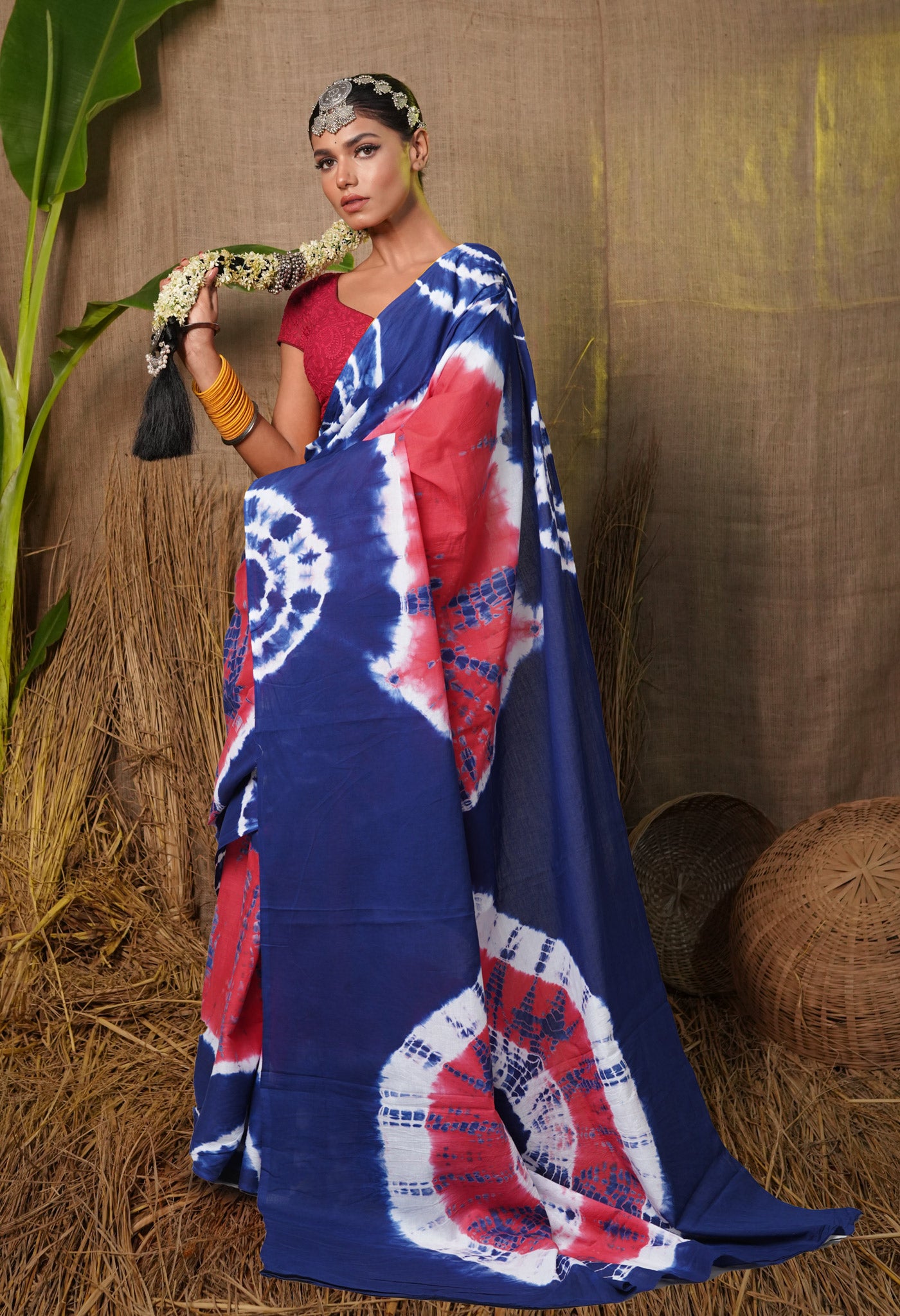 Pink-Navy Blue Pure  Tie And Dye Shibori Printed Soft Cotton Saree-UNM78524