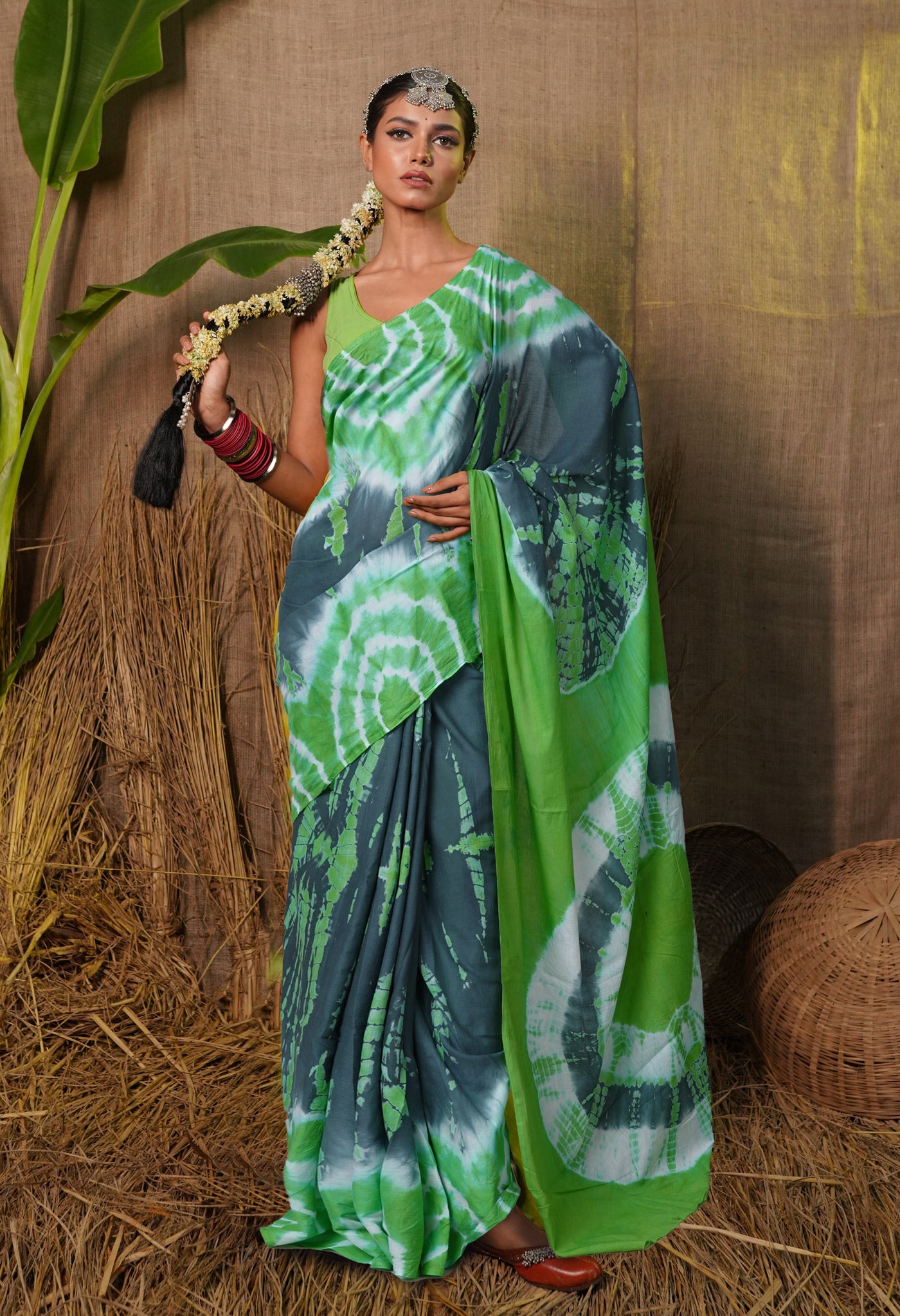 Grey-Green Pure  Tie And Dye Shibori Printed Soft Cotton Saree-UNM78525