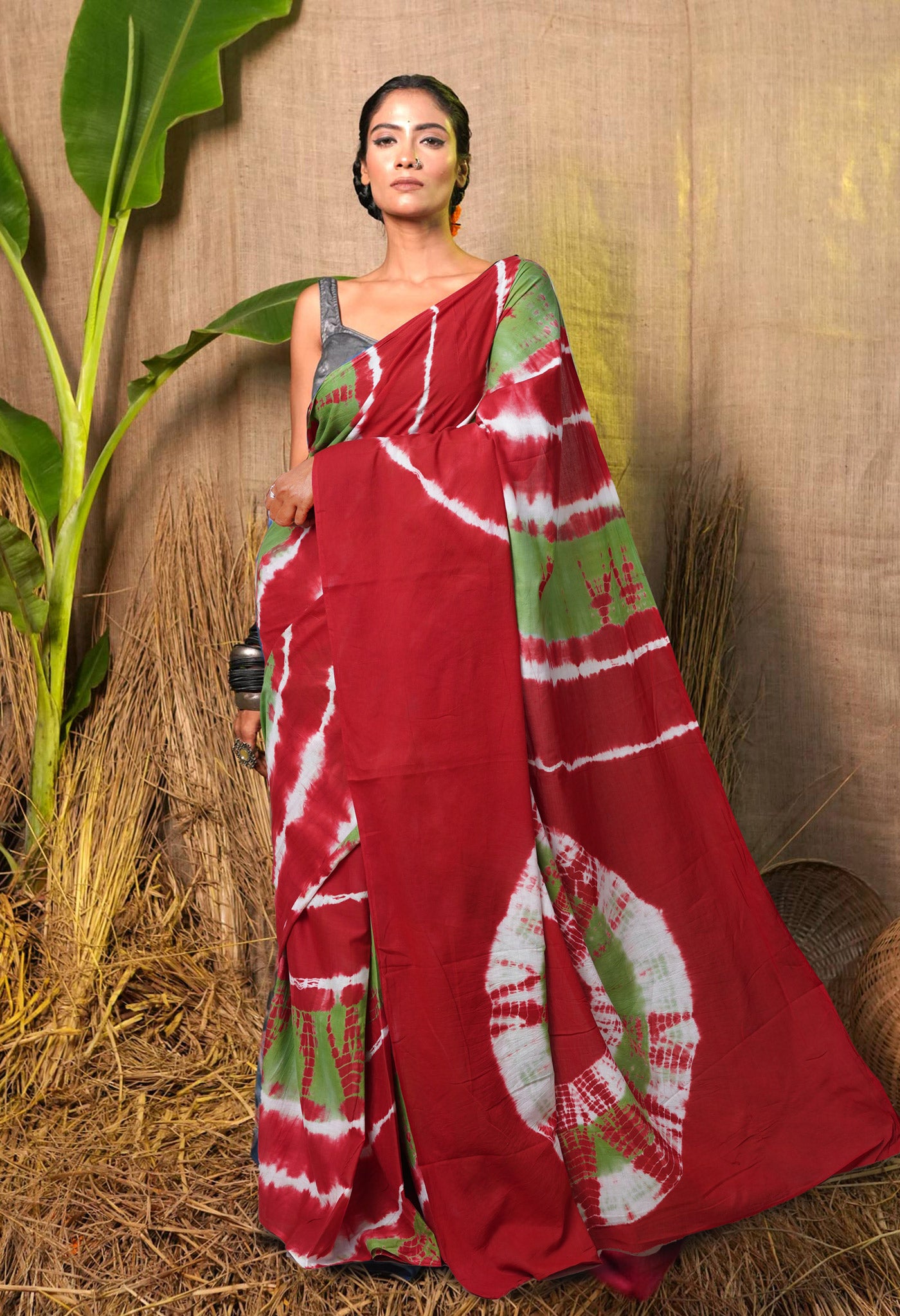 Green-Red Pure  Tie And Dye Shibori Printed Soft Cotton Saree-UNM78527