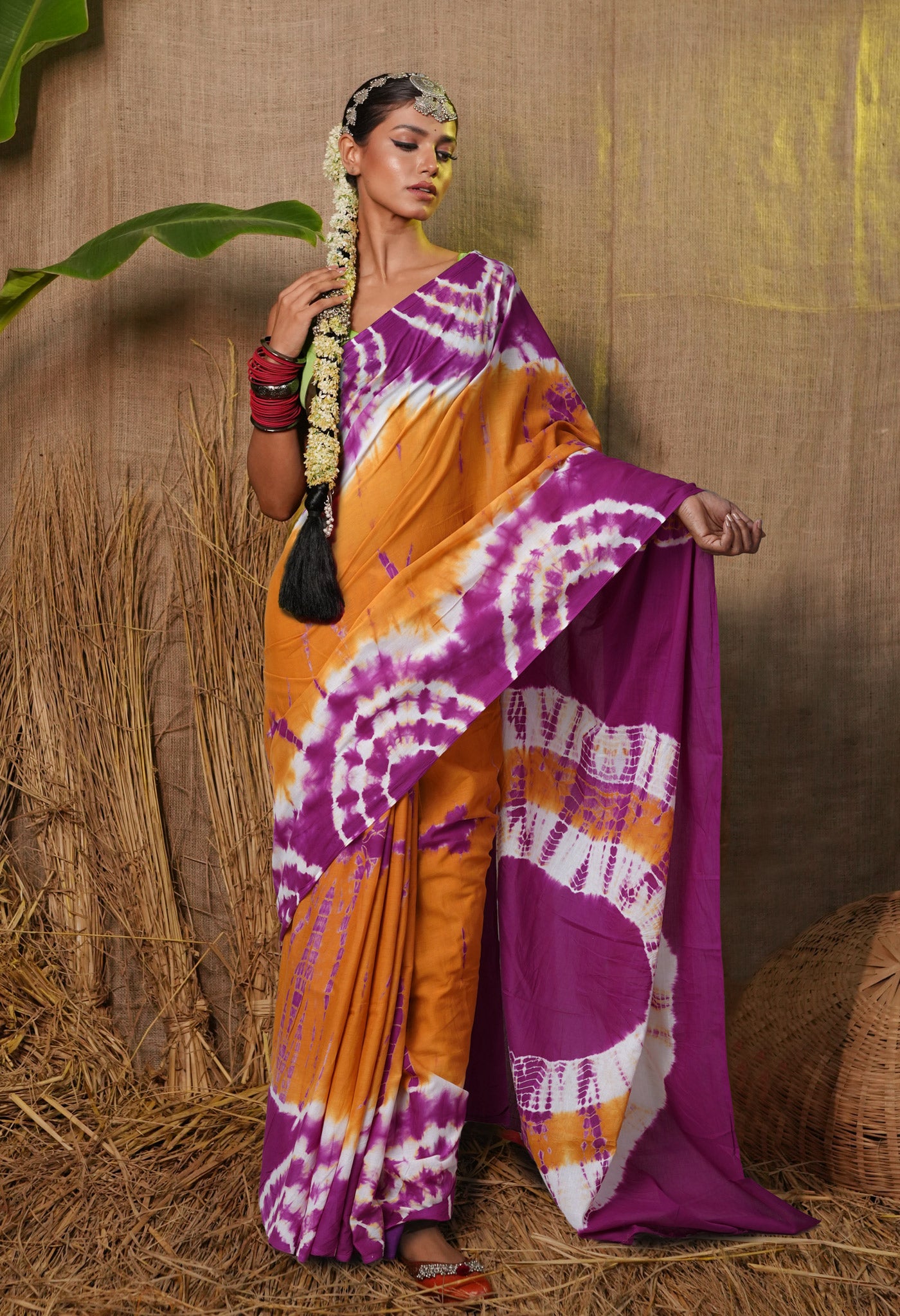 Orange-Purple Pure  Tie And Dye Shibori Printed Soft Cotton Saree-UNM78528