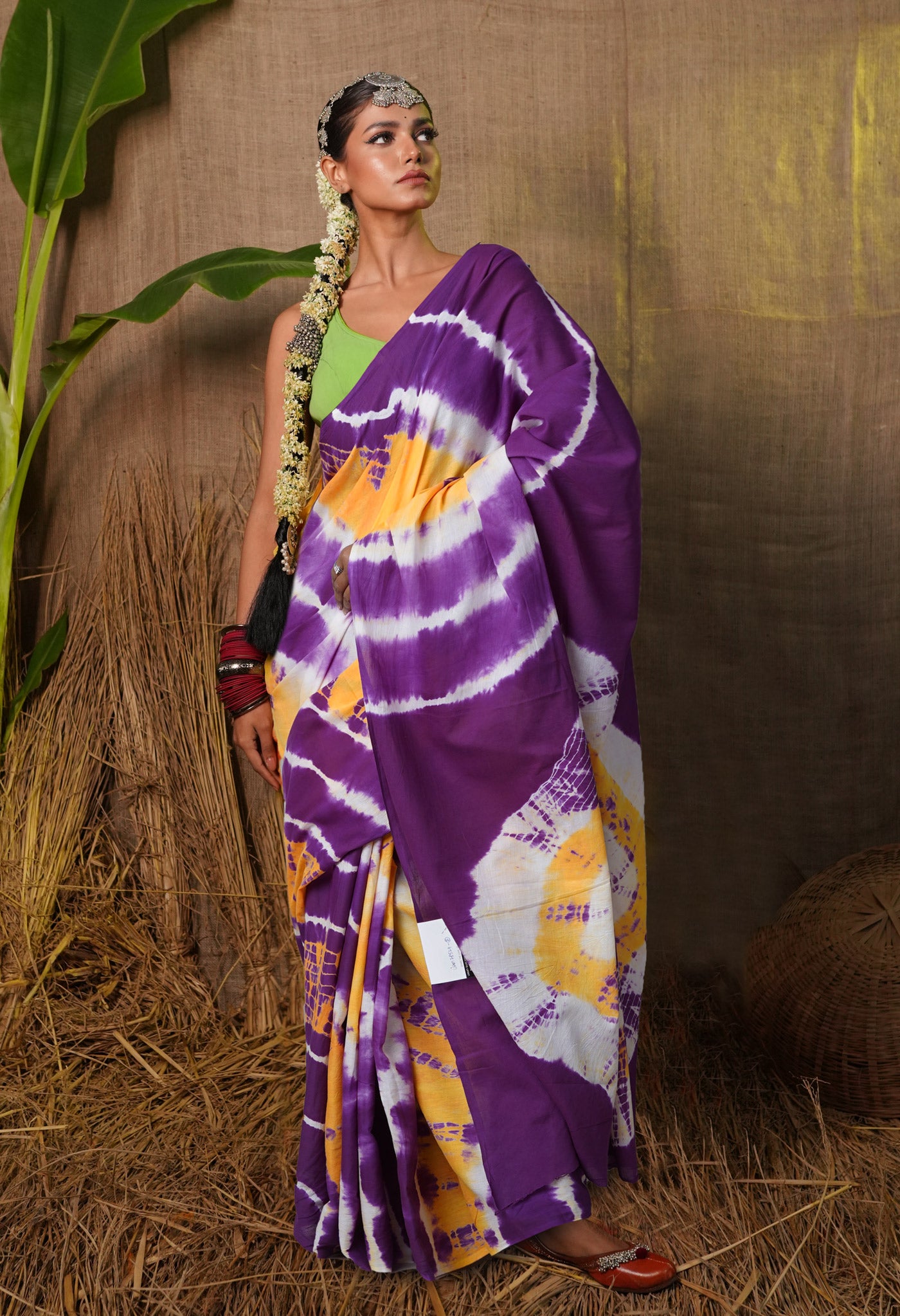 Yellow-Violet Pure  Tie And Dye Shibori Printed Soft Cotton Saree-UNM78529