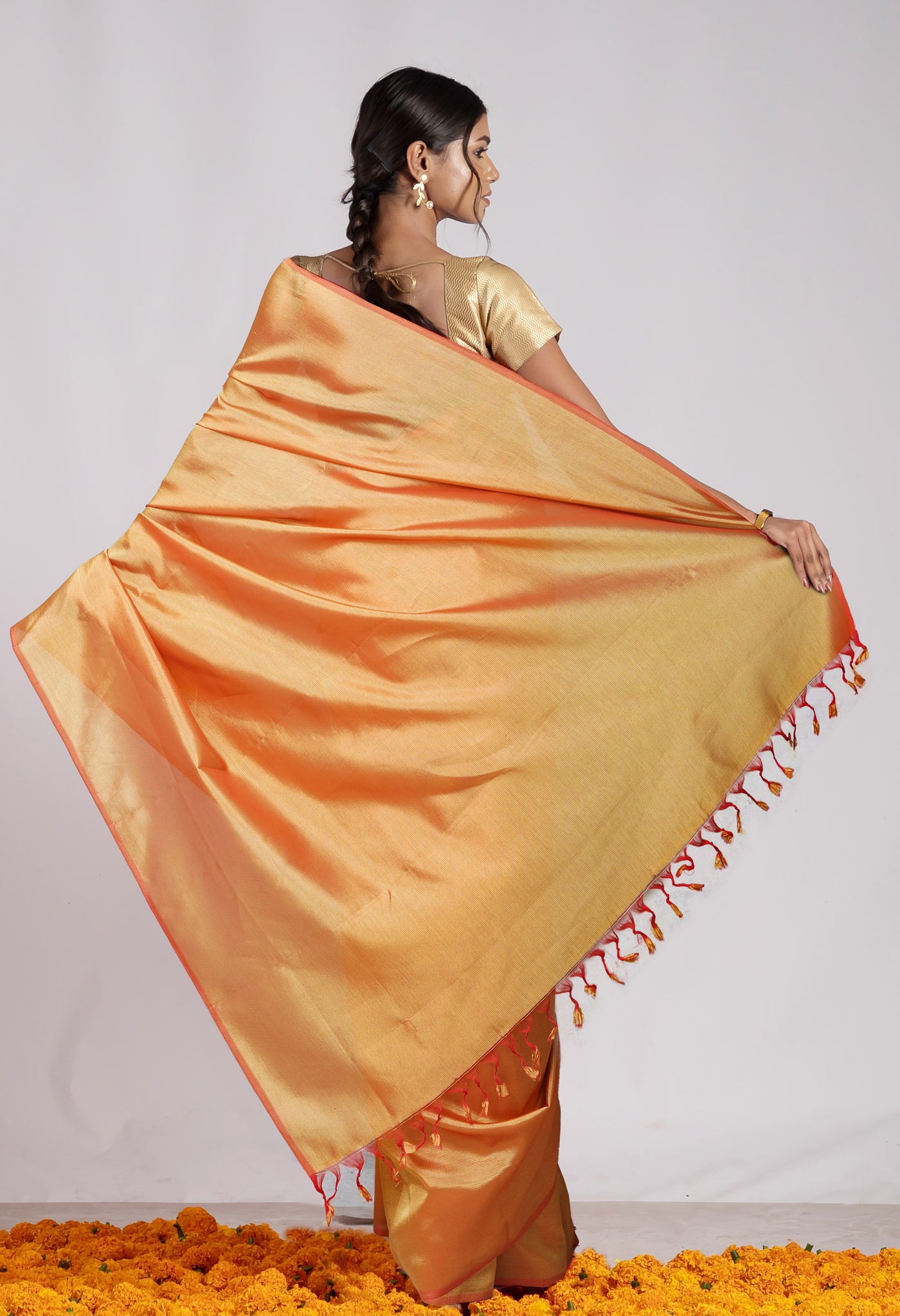 Golden Brown Pure  Plain Mangalgiri Soft Silk Saree