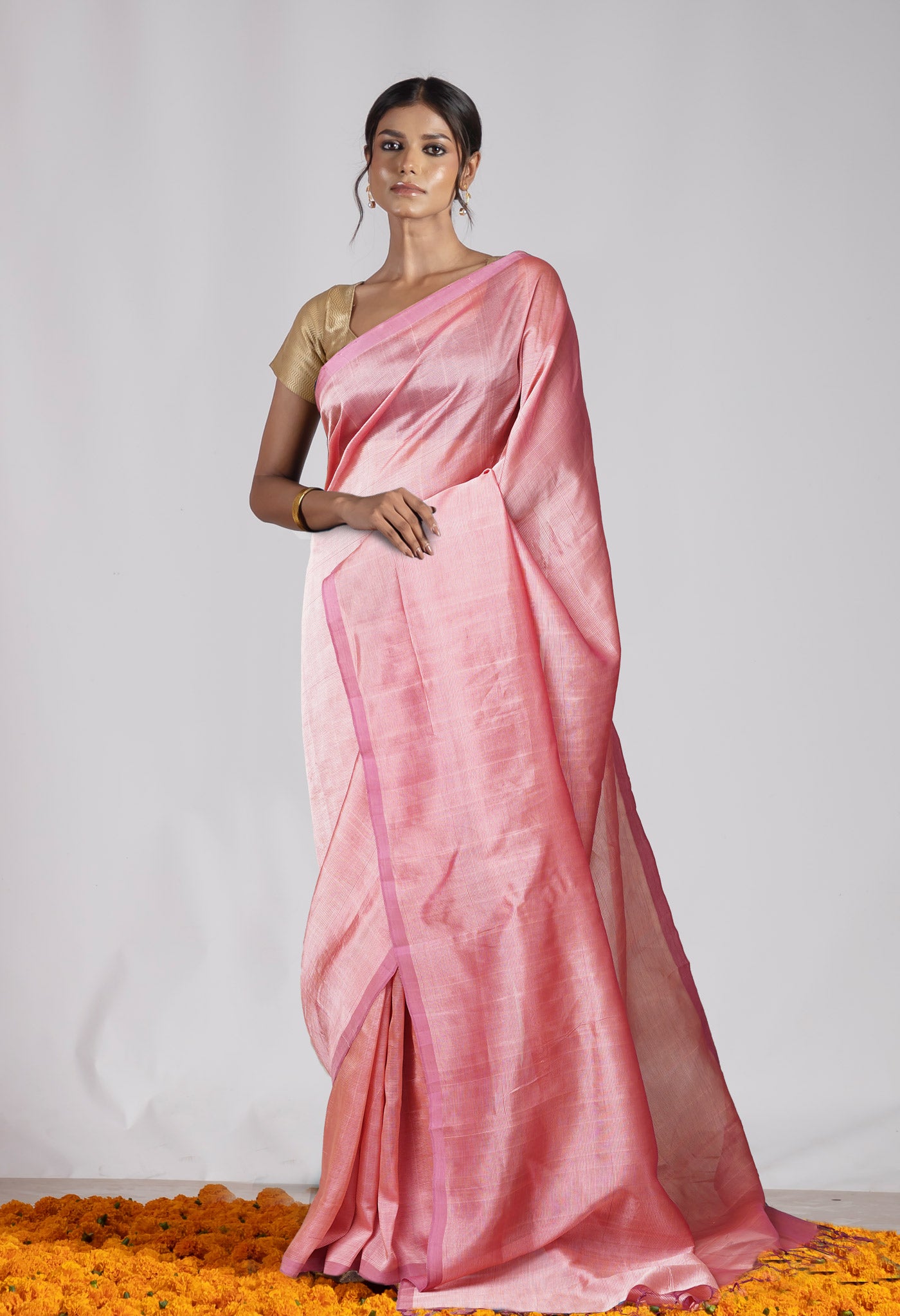 Peach Pink Pure  Plain Mangalgiri Soft Silk Saree