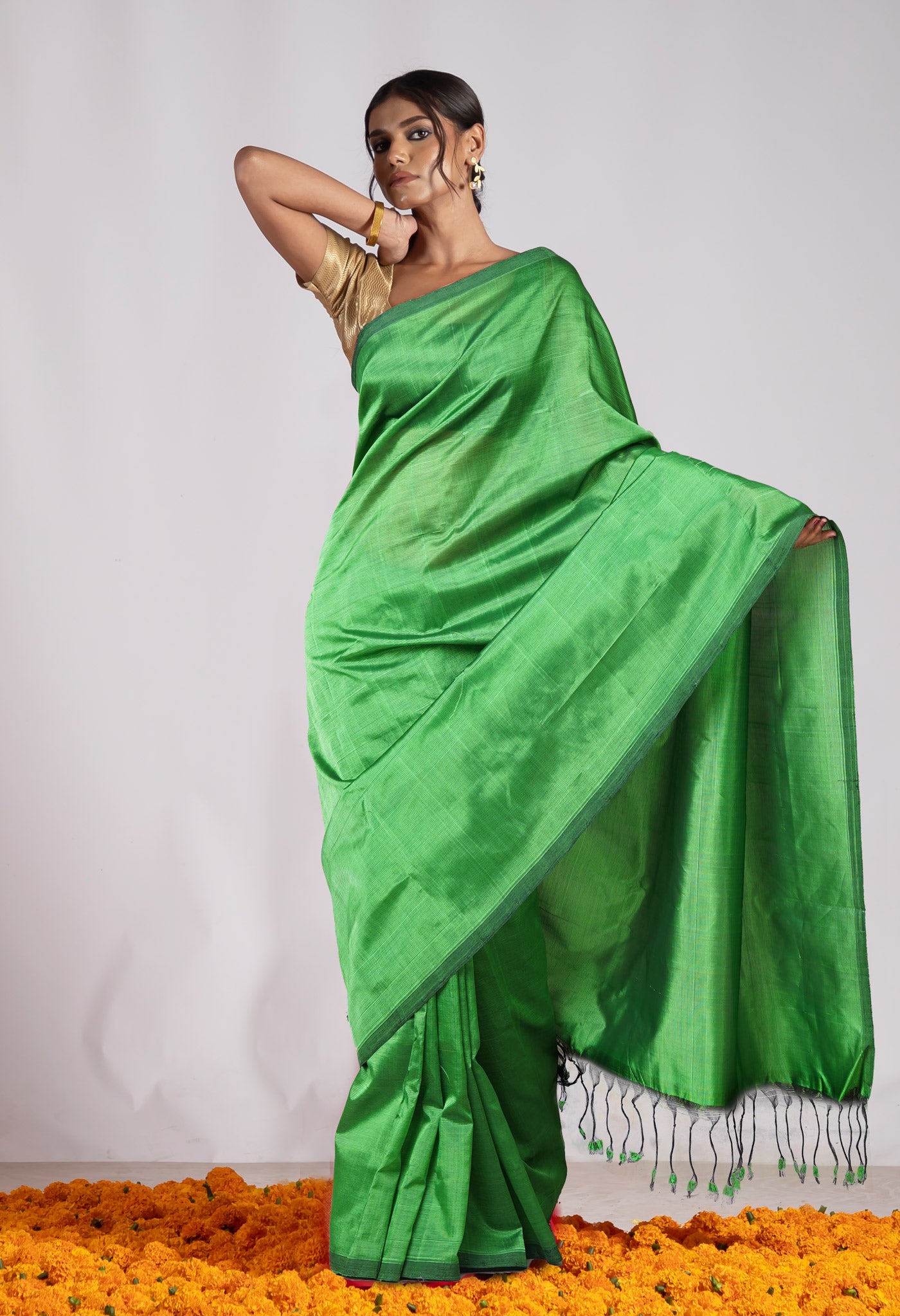 Green Pure  Plain Mangalgiri Soft Silk Saree