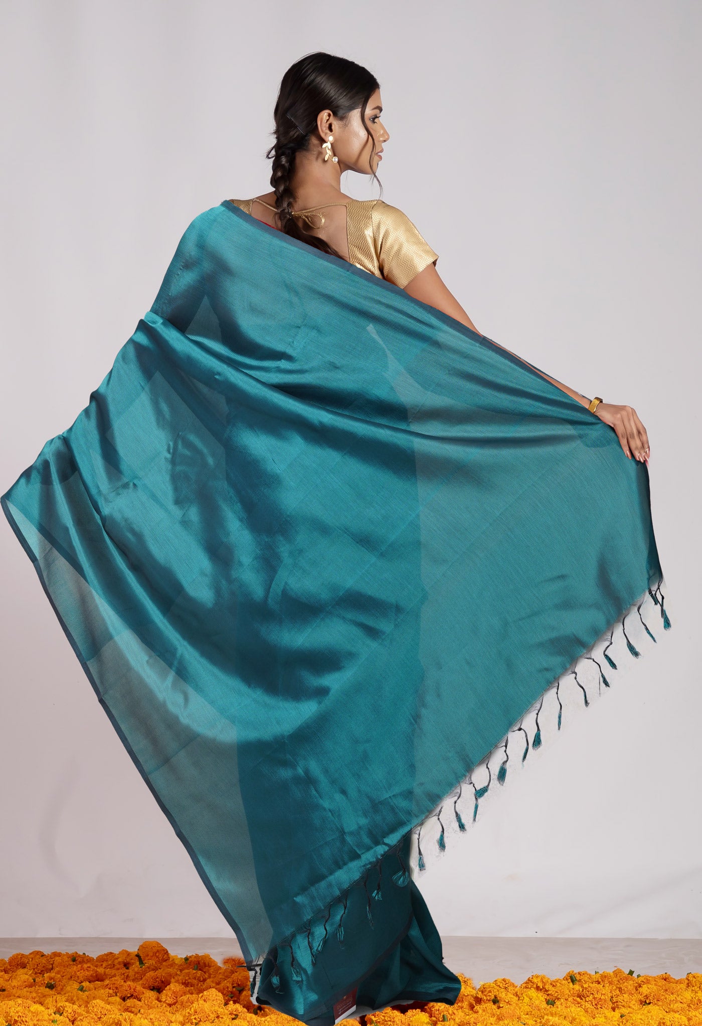 Peacock Green Pure  Plain Mangalgiri Soft Silk Saree