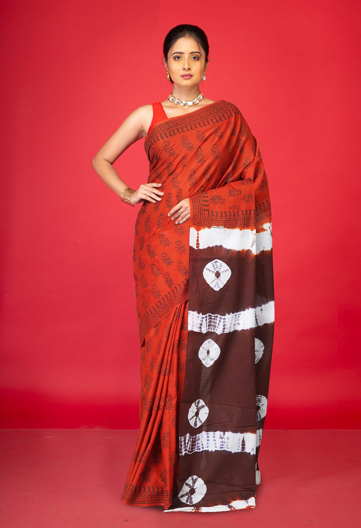 Orange-Brown Pure  Tie And Dye Shibori Block Printed Soft Cotton Saree-UNM78575