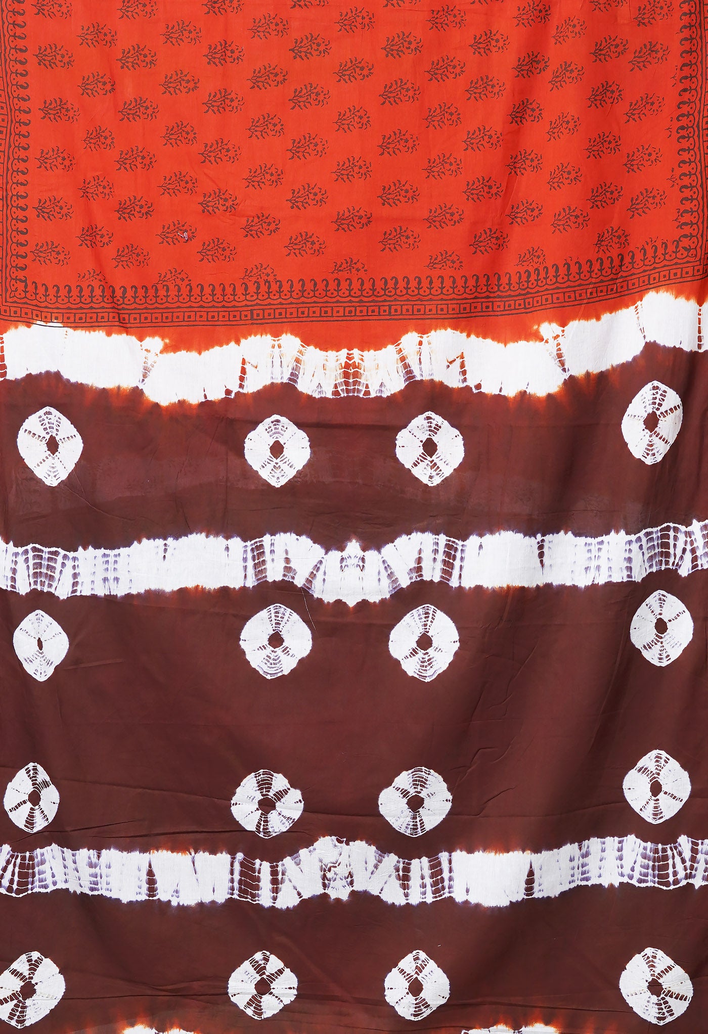 Orange-Brown Pure  Tie And Dye Shibori Block Printed Soft Cotton Saree-UNM78575