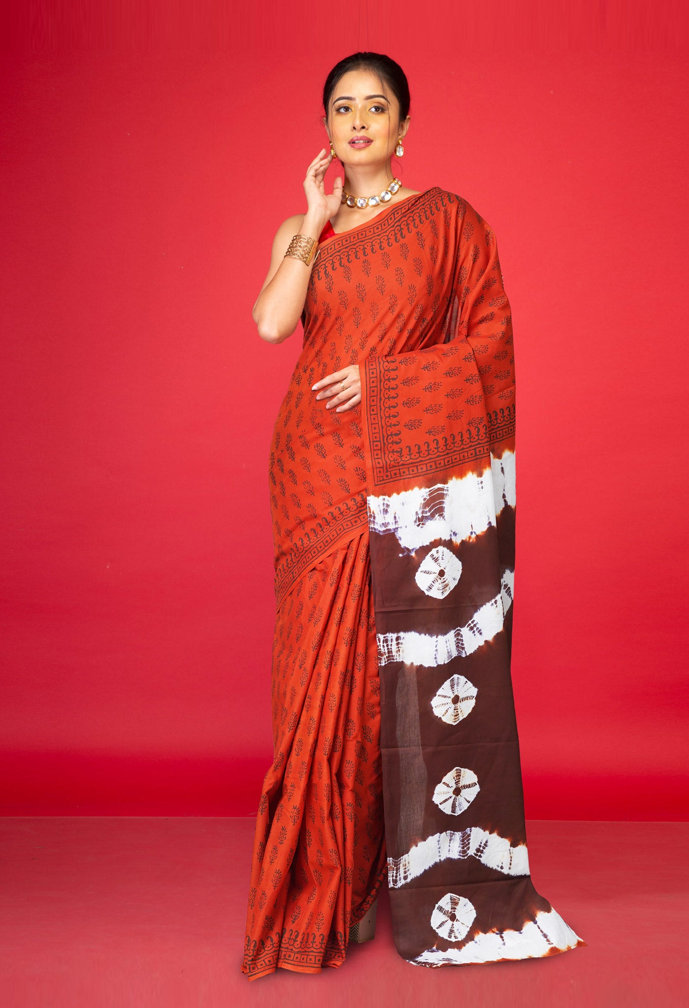 Orange-Brown Pure  Tie And Dye Shibori Block Printed Soft Cotton Saree-UNM78577